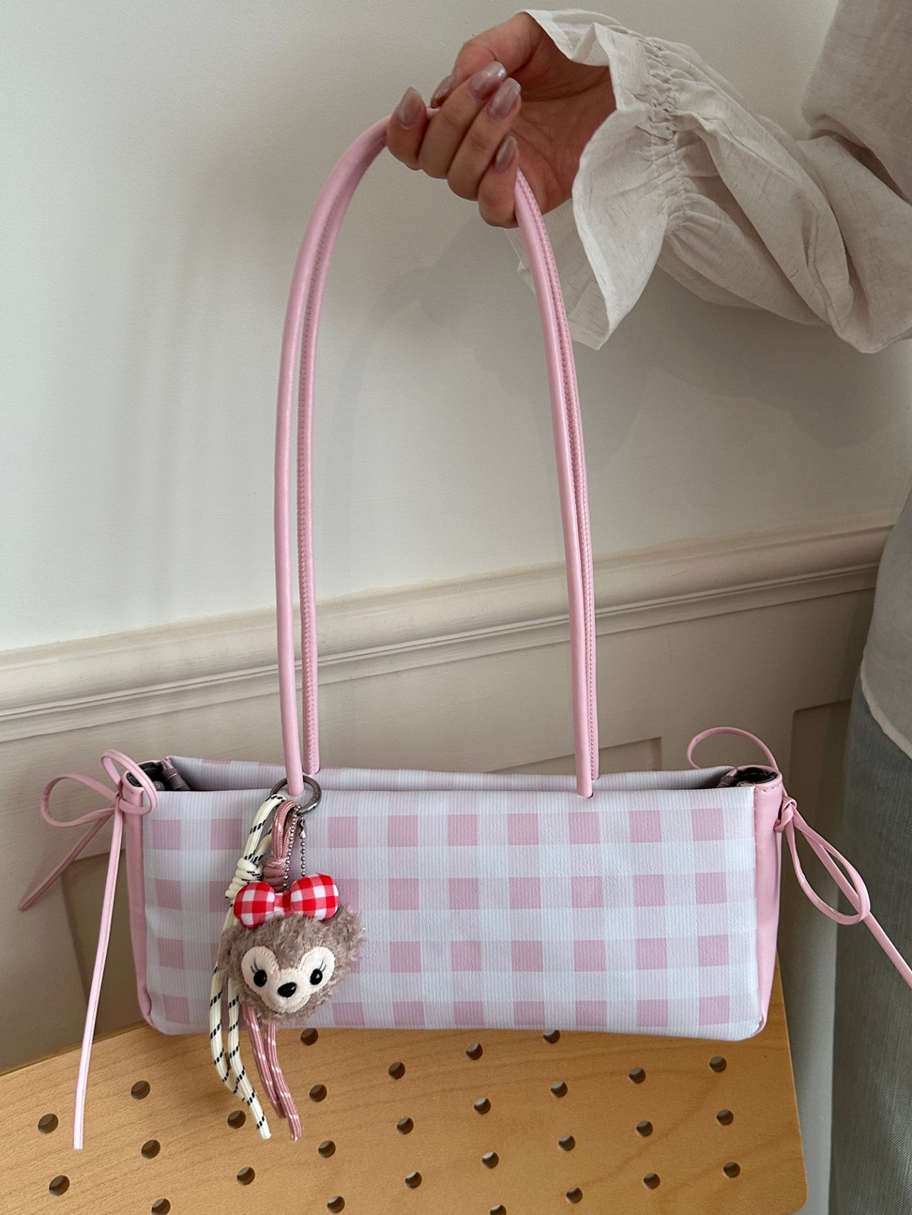 Pink Gingham Shoulder Bag with Adjustable Straps