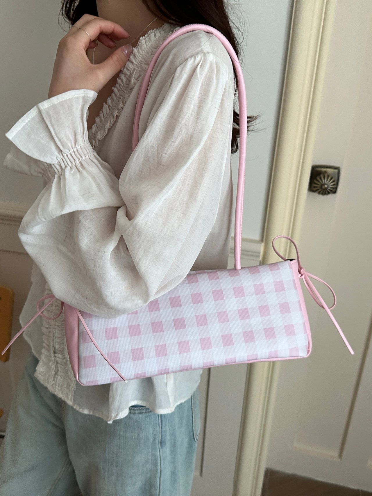 Pink Gingham Shoulder Bag with Adjustable Straps