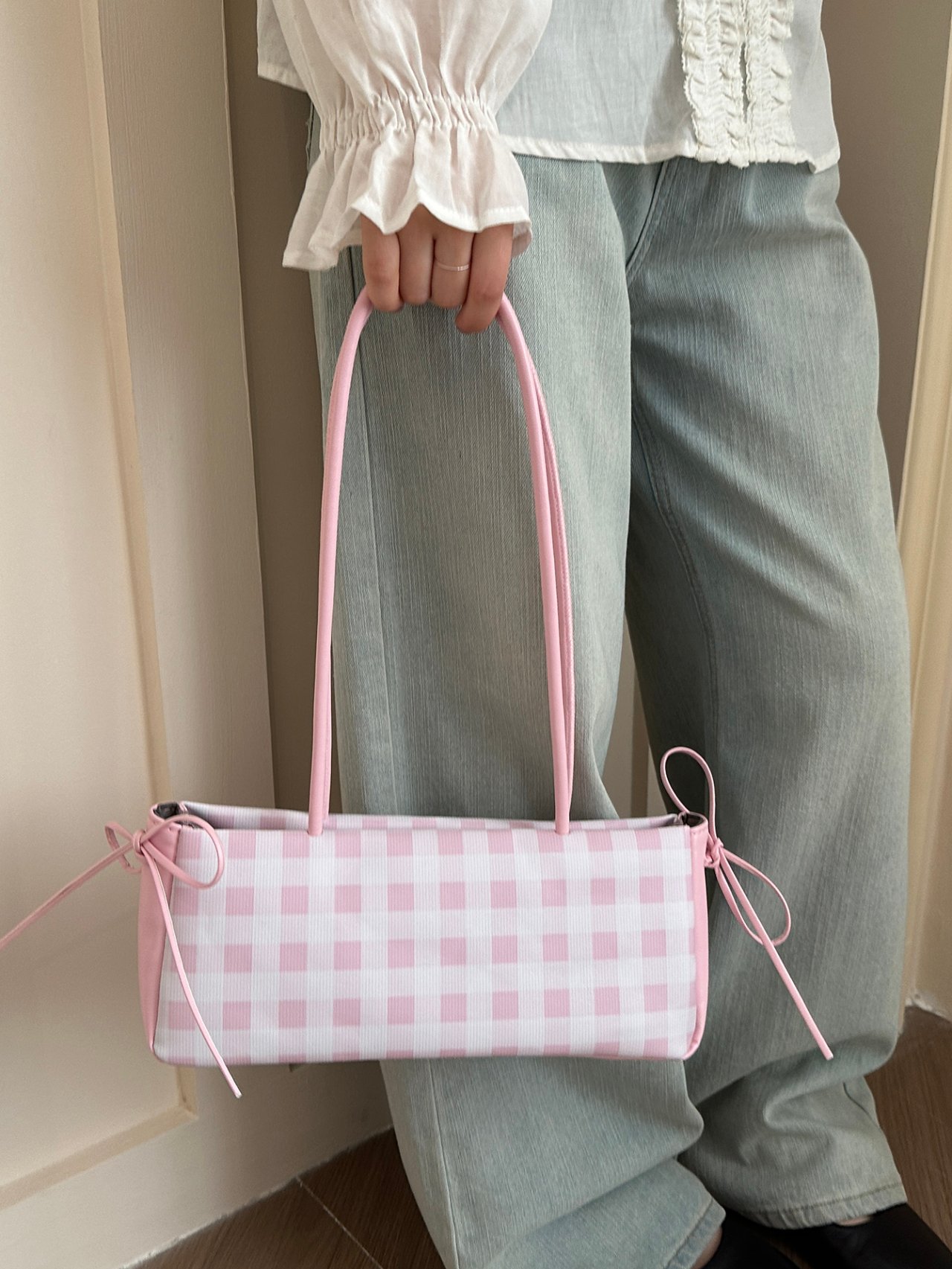 Pink Gingham Shoulder Bag with Adjustable Straps