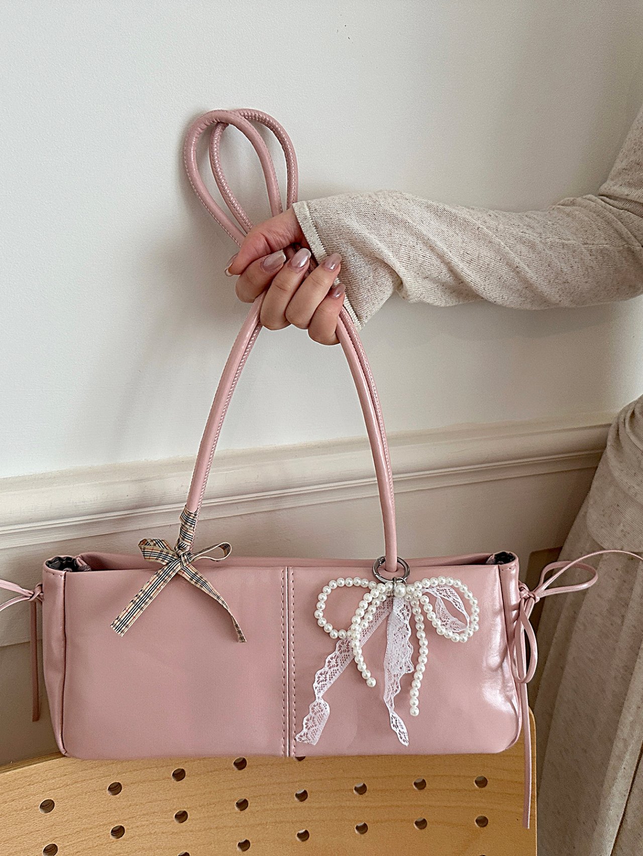 Pink Shoulder Bag with Pearl and Lace Charm