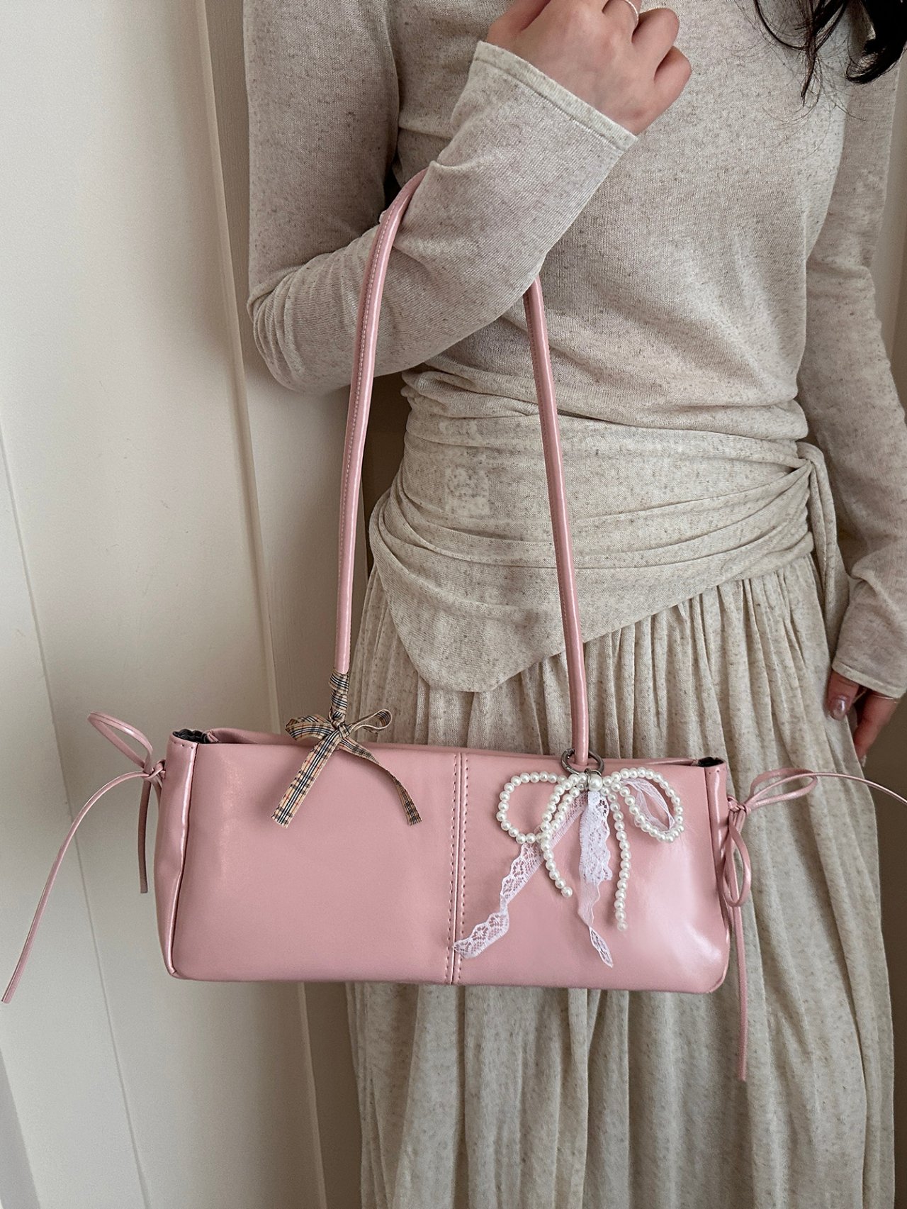 Pink Shoulder Bag with Pearl and Lace Charm