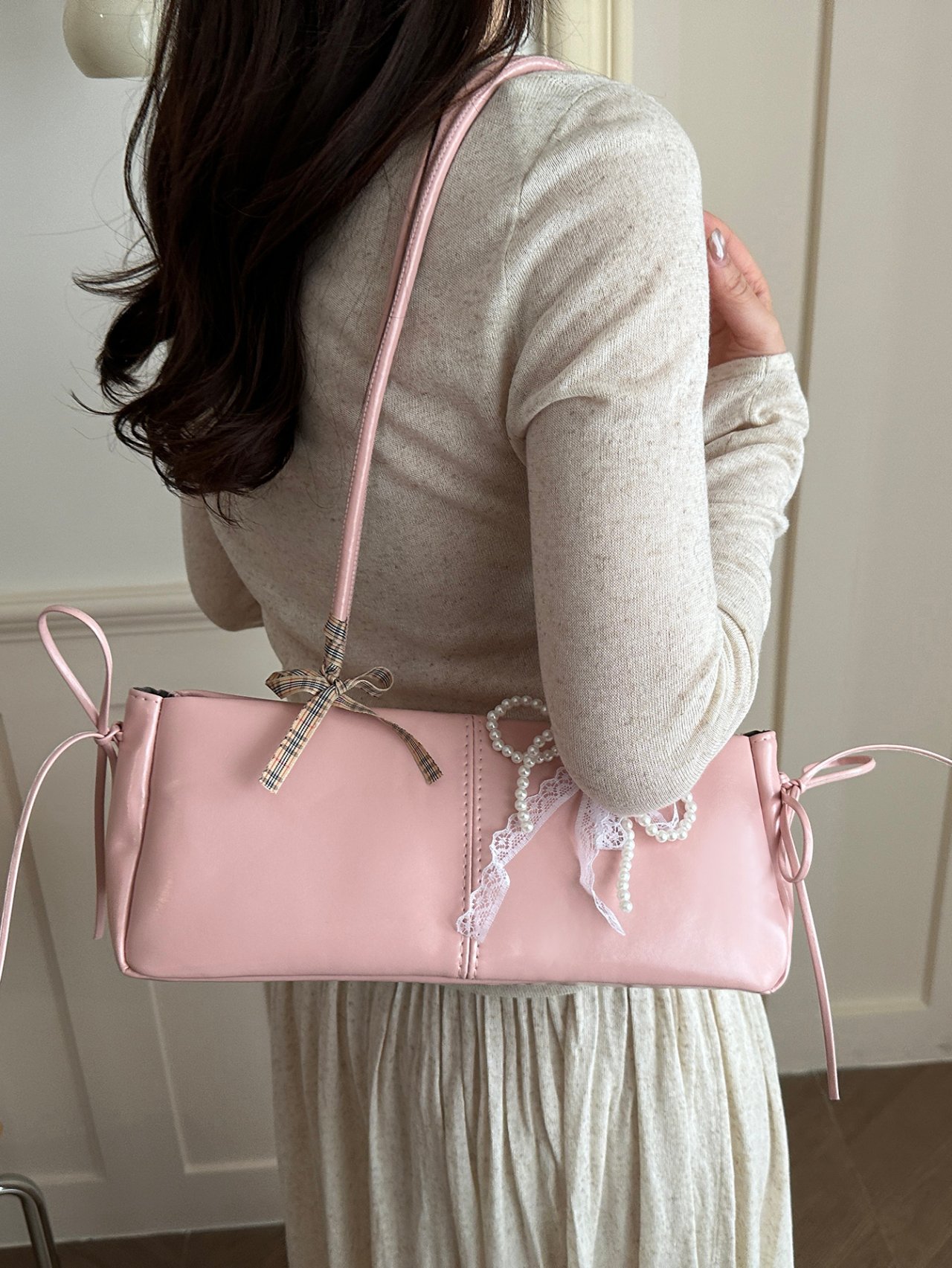 Pink Shoulder Bag with Pearl and Lace Charm
