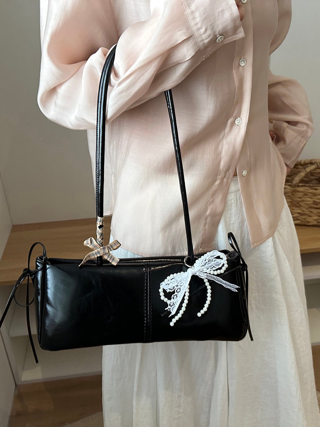 Black Shoulder Bag with Pearl Lace Bow and Plaid Scarf Detail