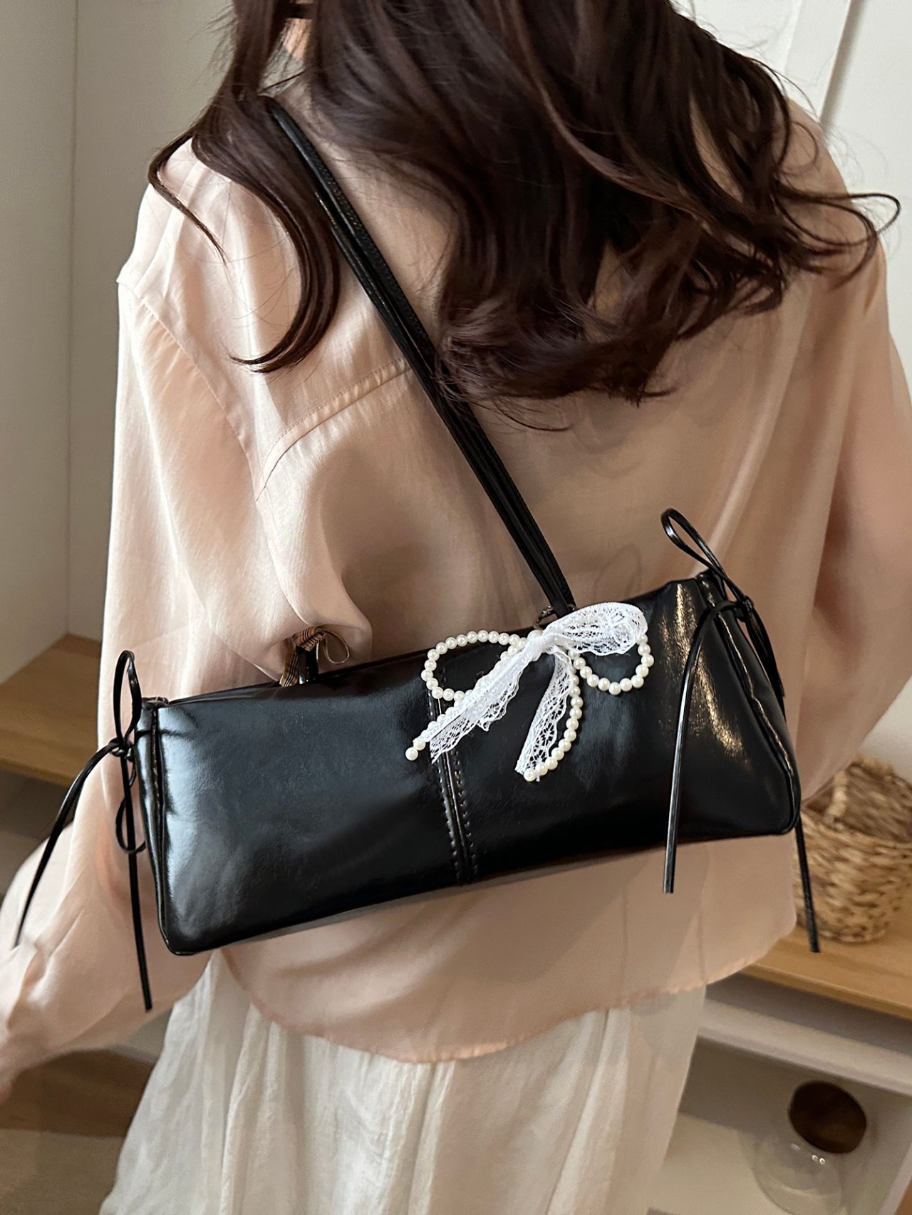 Black Shoulder Bag with Pearl Lace Bow and Plaid Scarf Detail