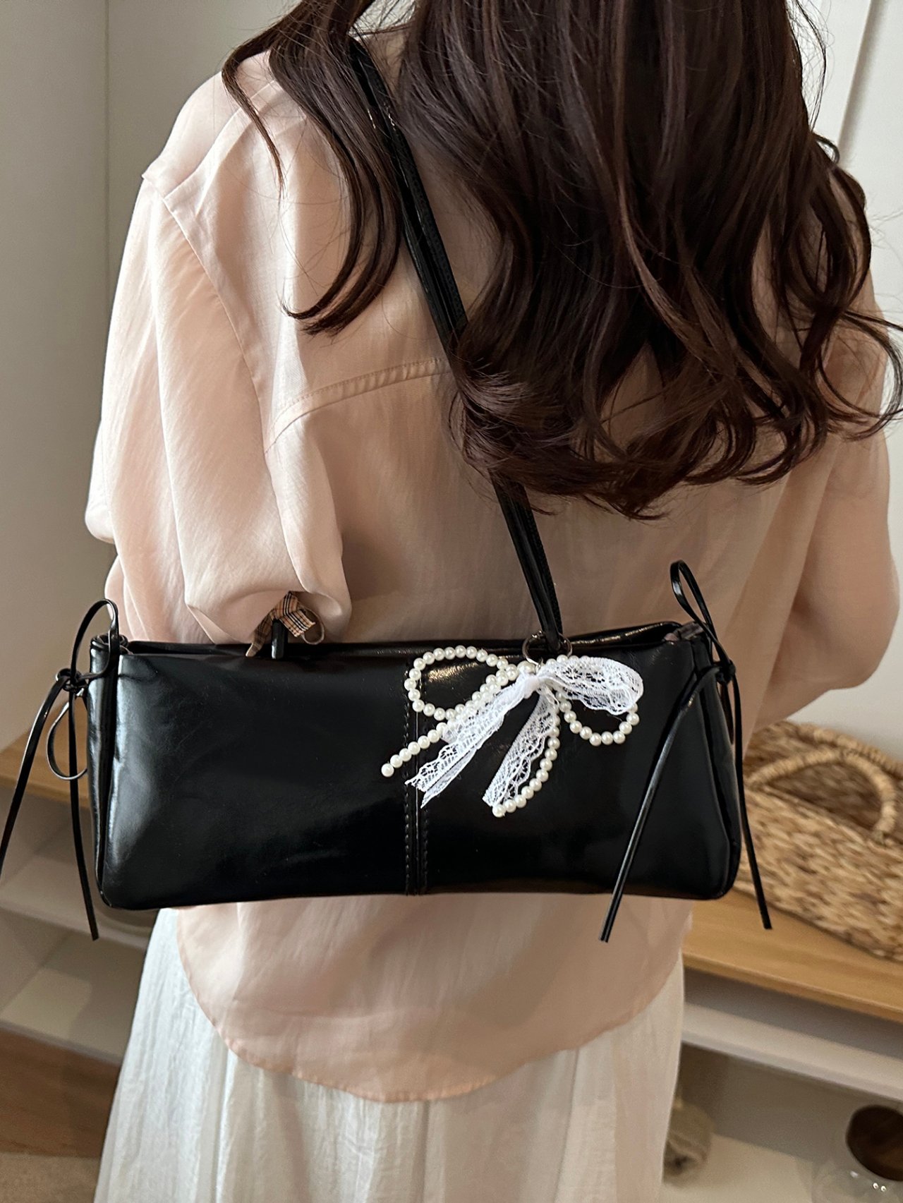 Black Shoulder Bag with Pearl Lace Bow and Plaid Scarf Detail