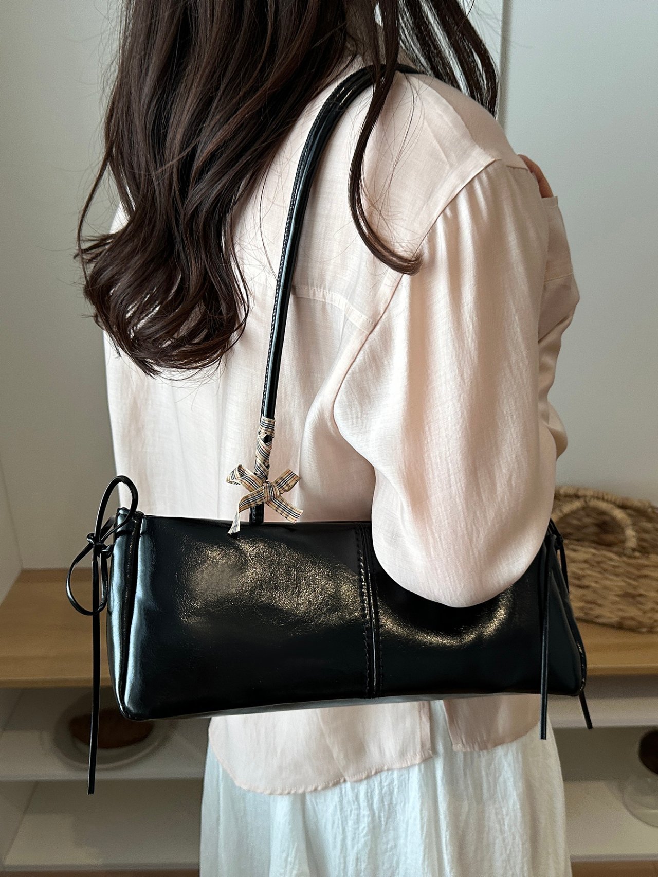 Black Shoulder Bag with Pearl Lace Bow and Plaid Scarf Detail