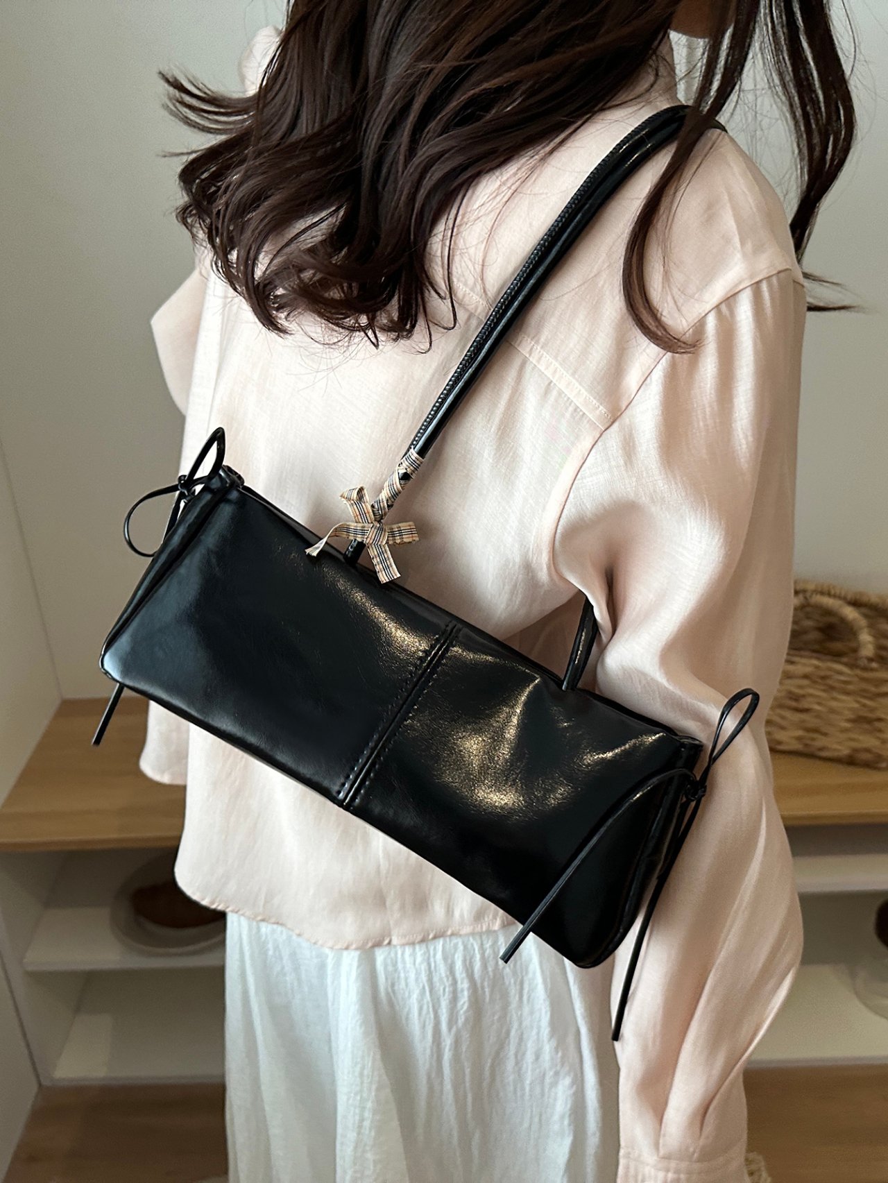 Black Shoulder Bag with Pearl Lace Bow and Plaid Scarf Detail