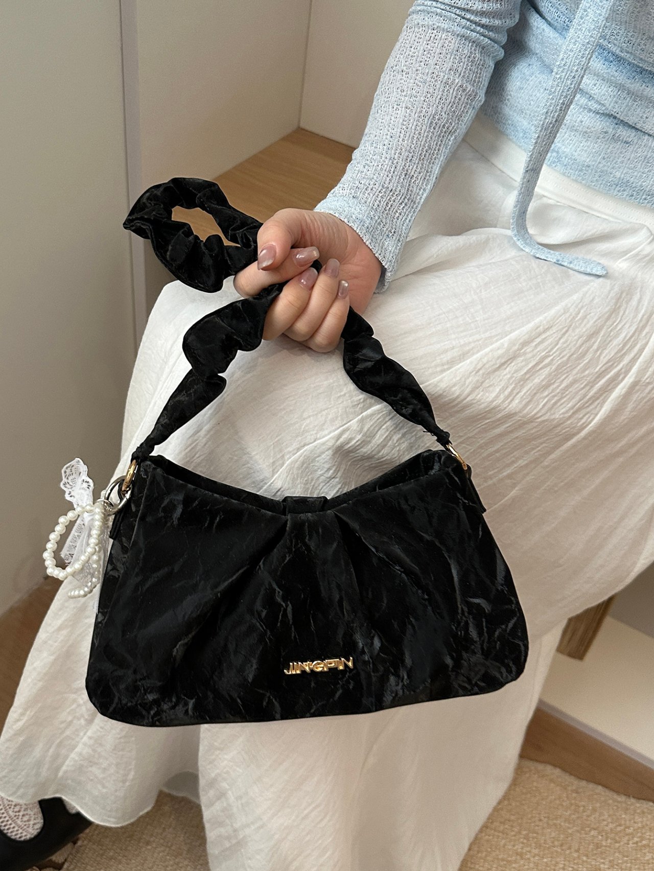 Black Velvet Ruched Shoulder Bag with Pearl Charm