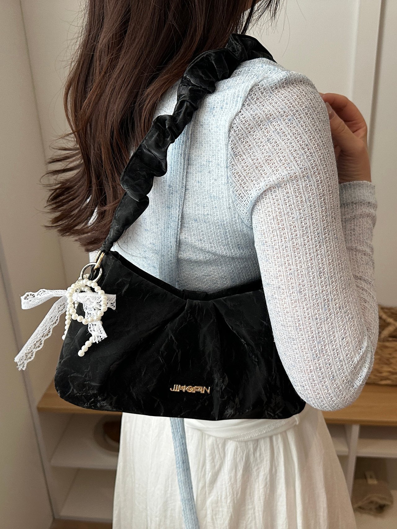 Black Velvet Ruched Shoulder Bag with Pearl Charm