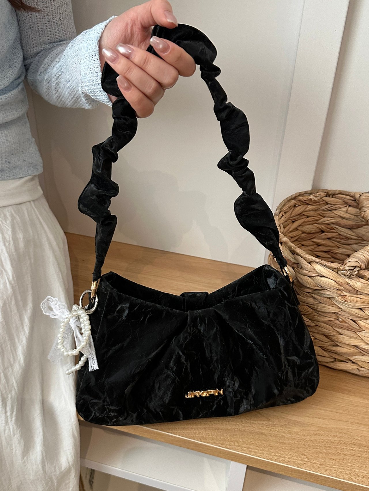 Black Velvet Ruched Shoulder Bag with Pearl Charm