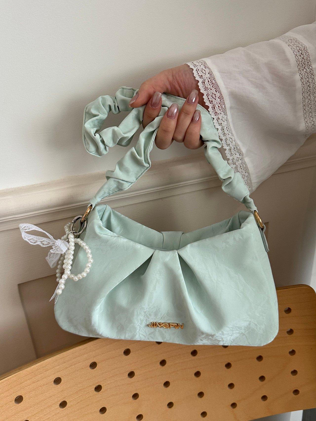 Green Pleated Shoulder Bag with Pearl Charm