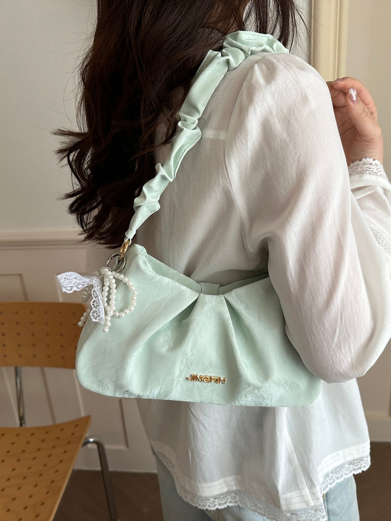 Green Pleated Shoulder Bag with Pearl Charm