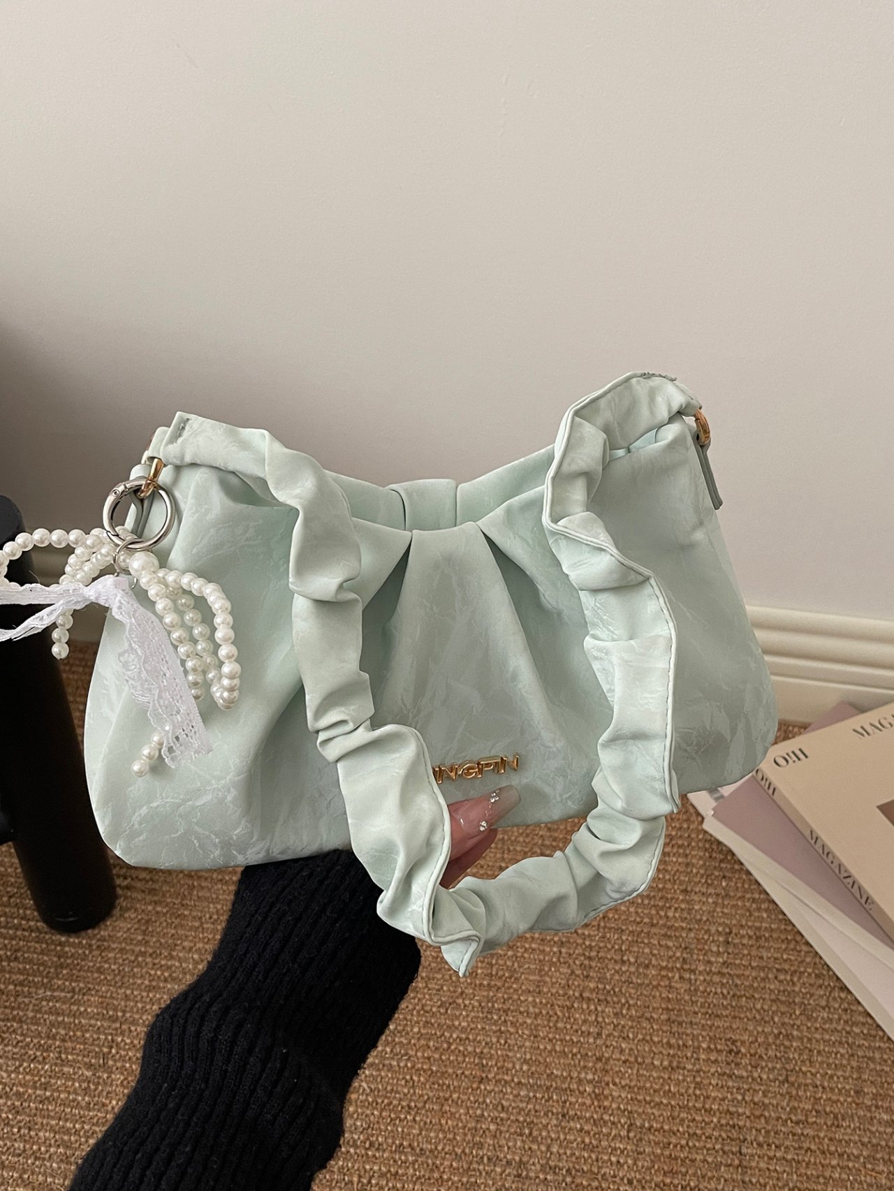 Green Pleated Shoulder Bag with Pearl Charm