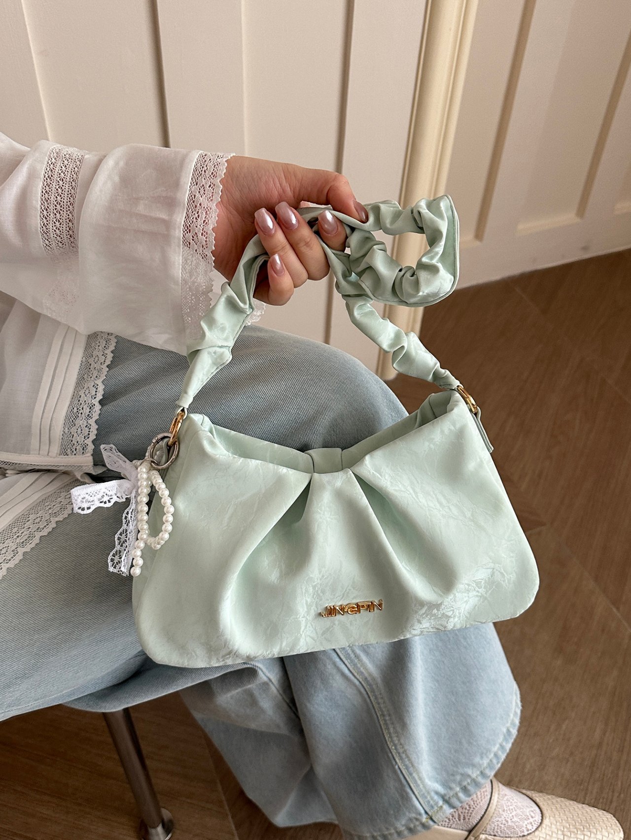 Green Pleated Shoulder Bag with Pearl Charm