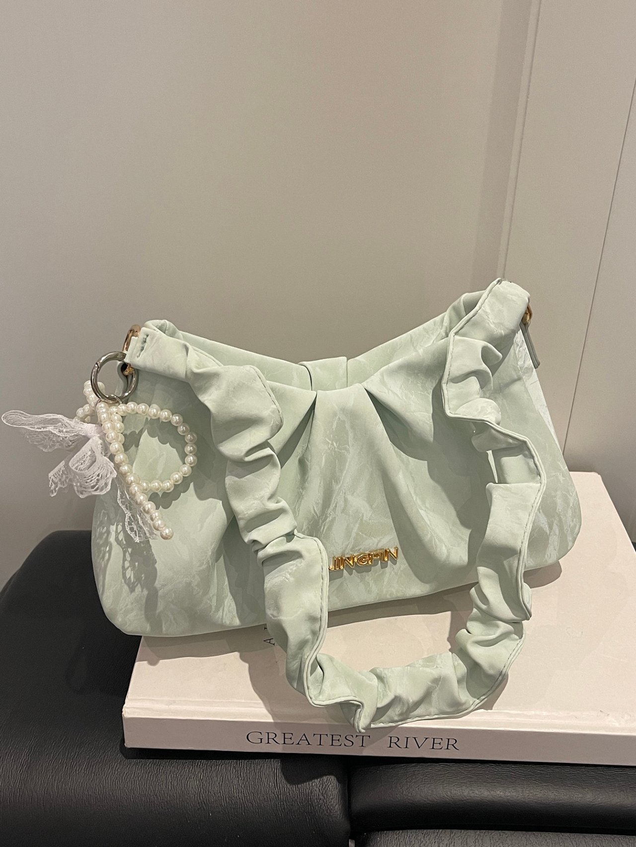 Green Pleated Shoulder Bag with Pearl Charm