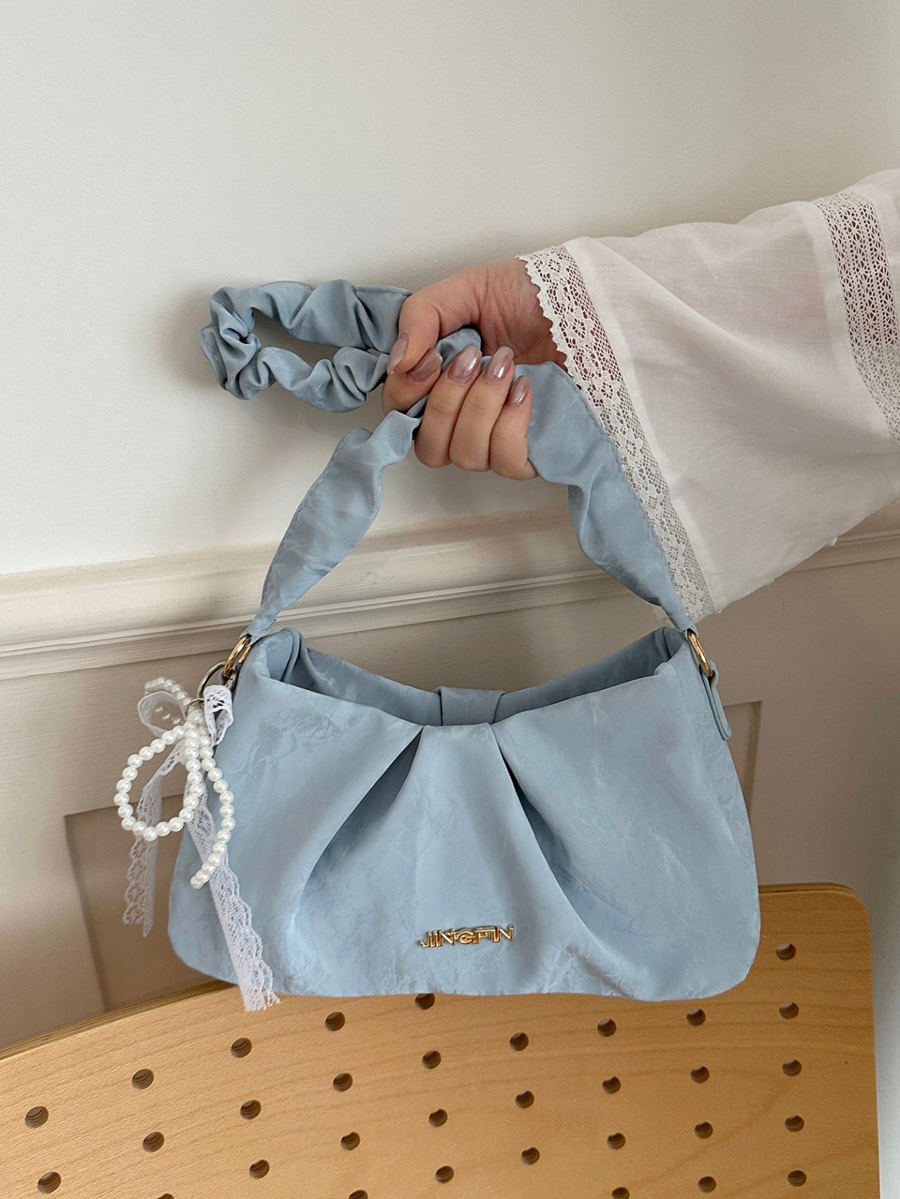 Pleated Blue Shoulder Bag with Pearl Charm