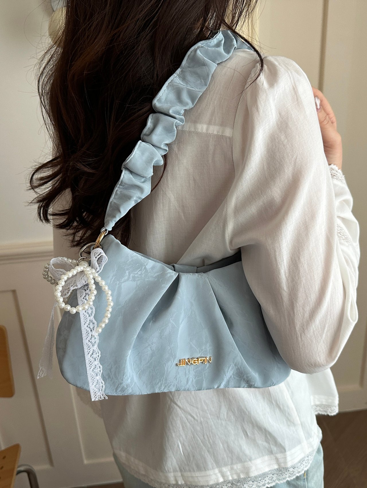 Pleated Blue Shoulder Bag with Pearl Charm