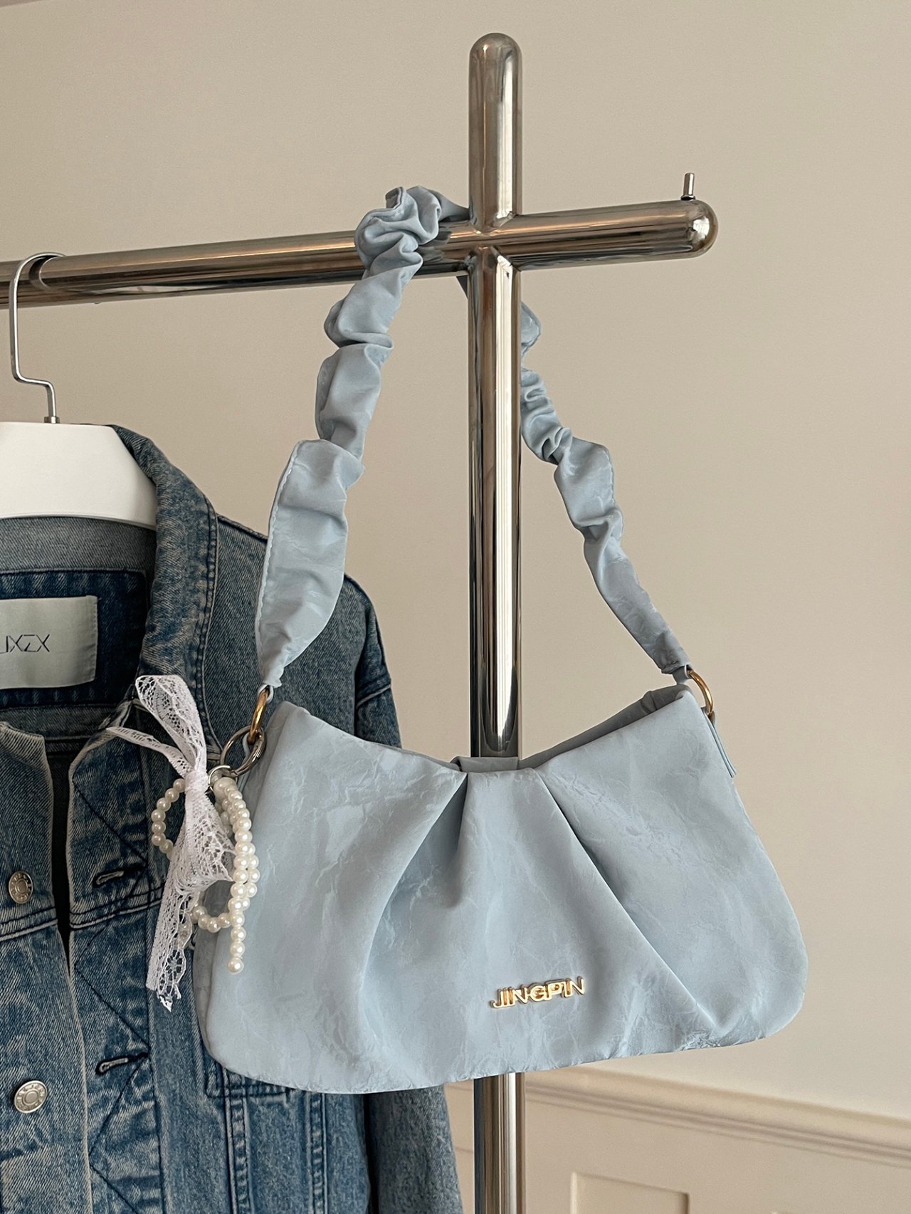 Pleated Blue Shoulder Bag with Pearl Charm