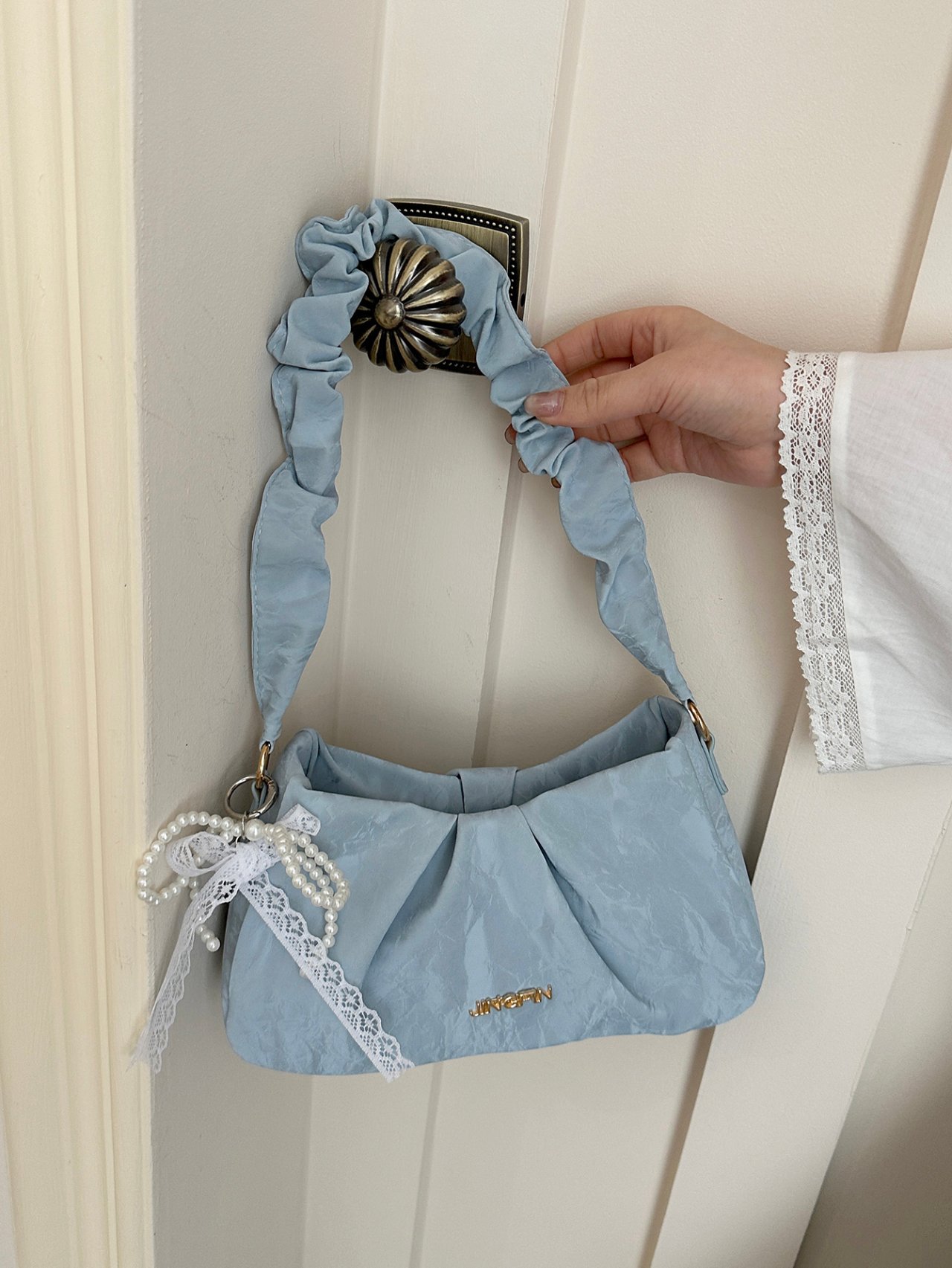 Pleated Blue Shoulder Bag with Pearl Charm