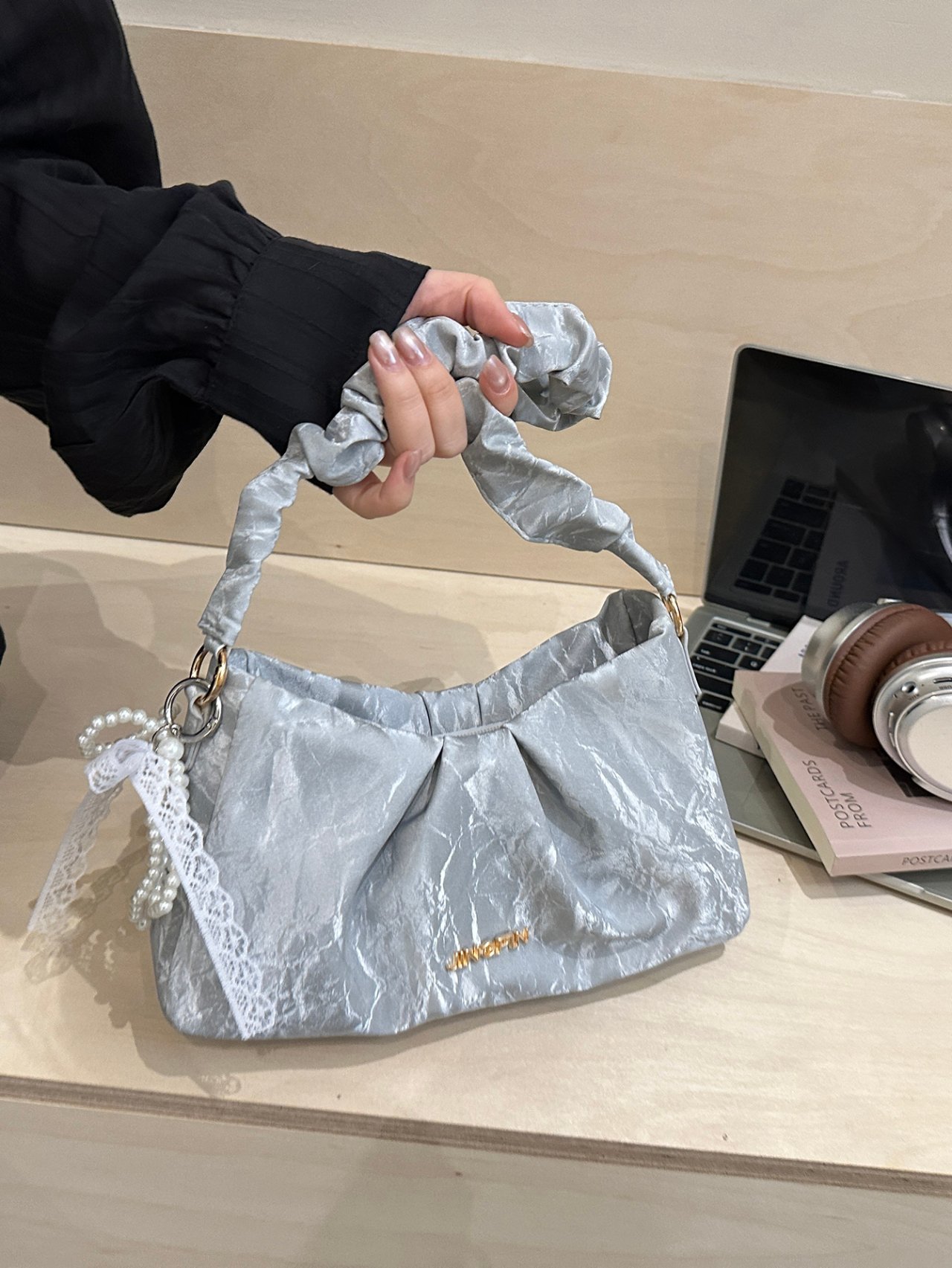 Pleated Blue Shoulder Bag with Pearl Charm