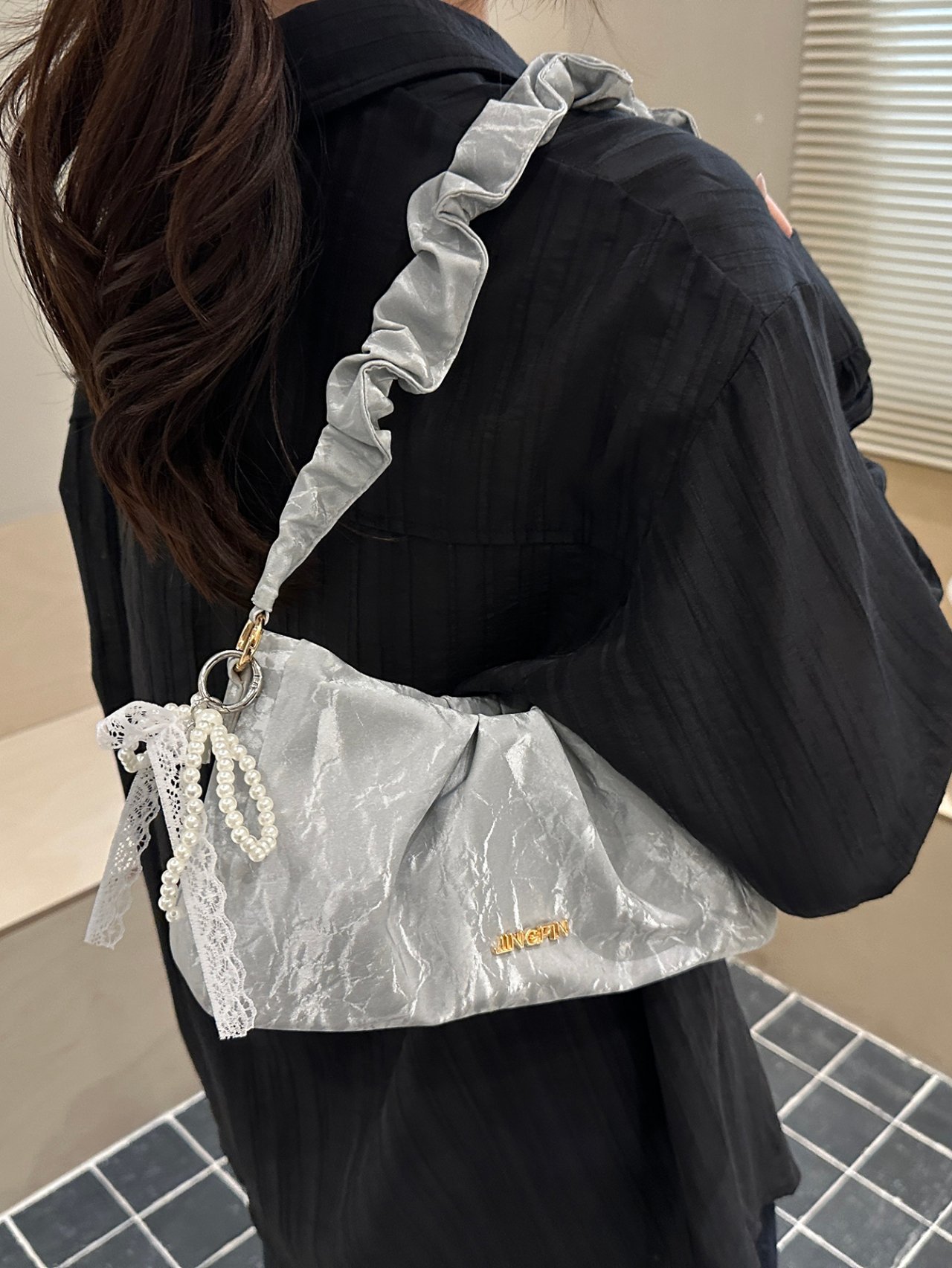 Silver Ruched Shoulder Bag with Pearl Charm