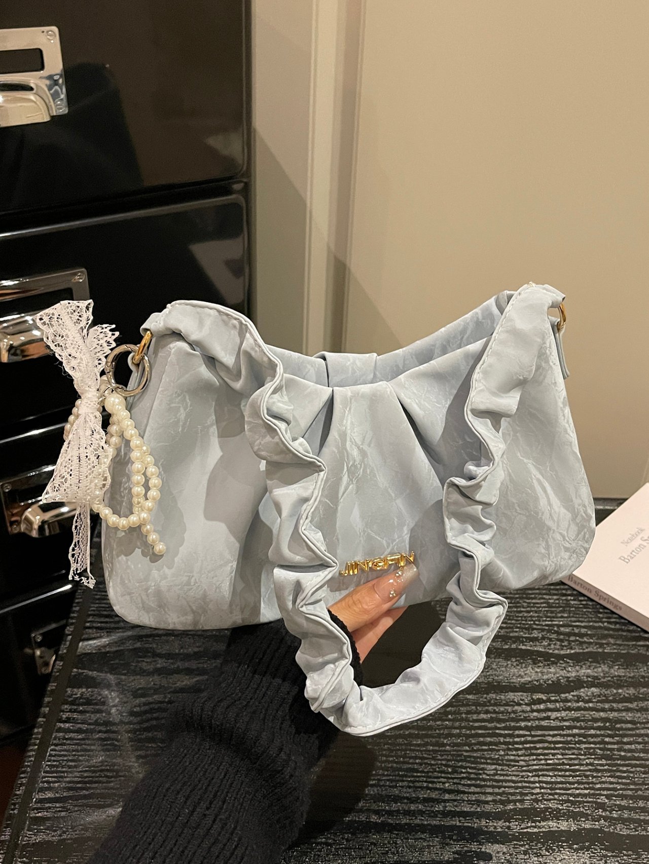 Silver Ruched Shoulder Bag with Pearl Charm
