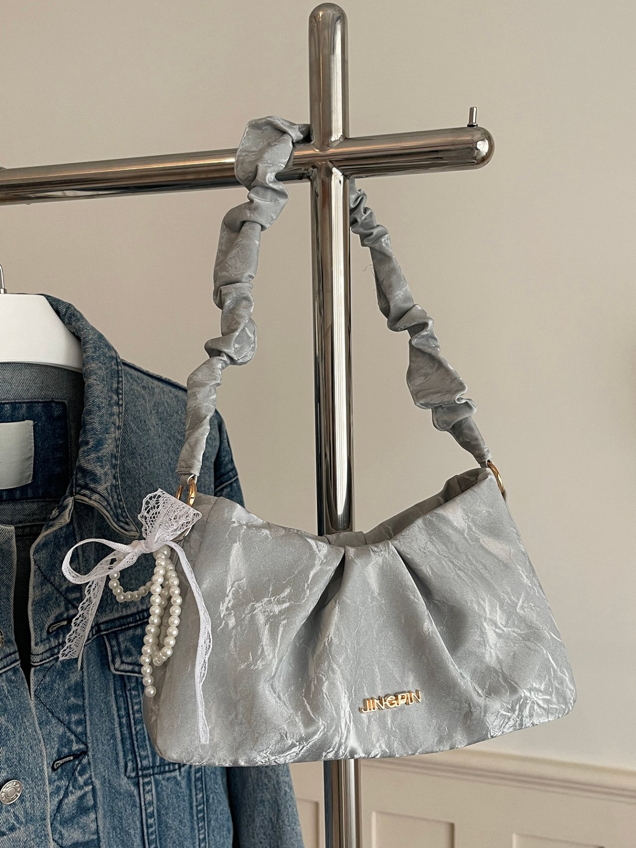 Silver Ruched Shoulder Bag with Pearl Charm