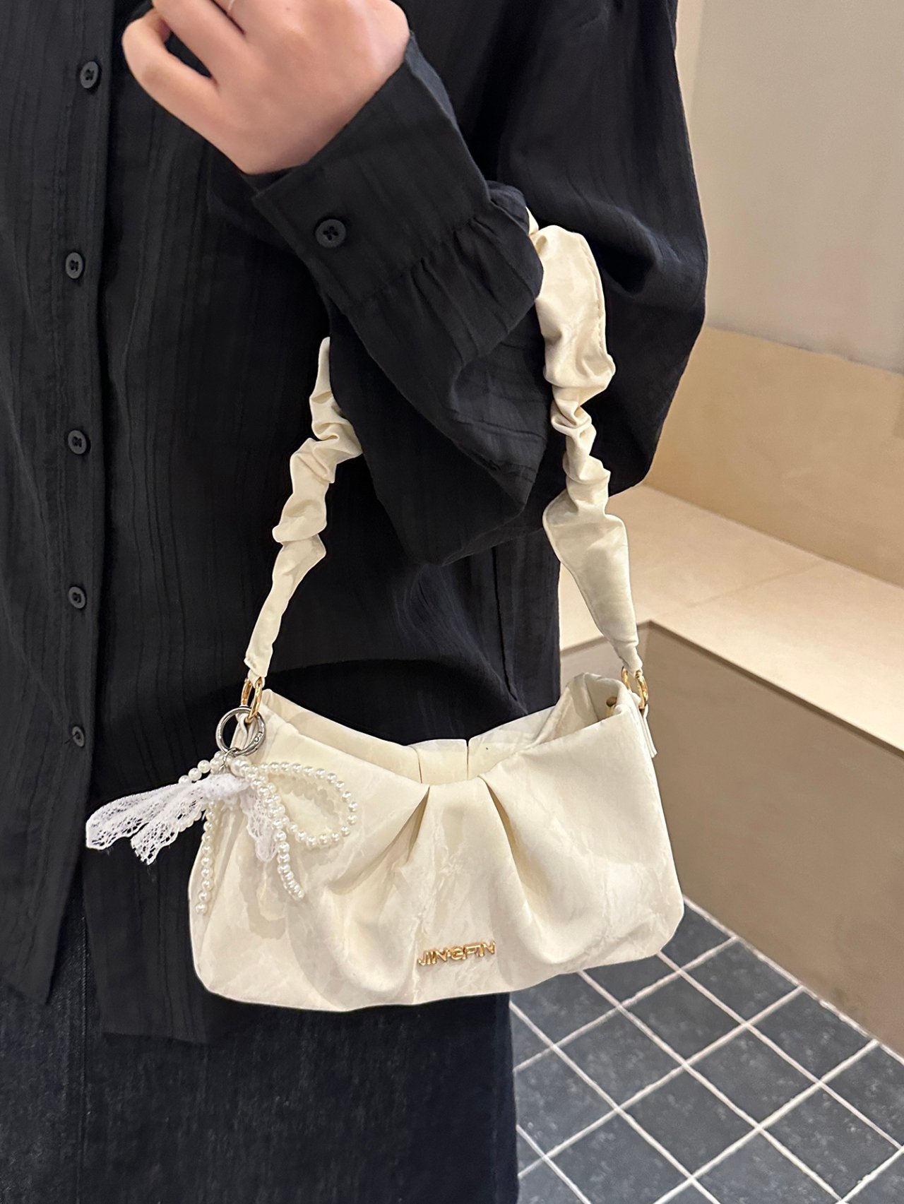 White Pleated Shoulder Bag with Pearl Charm
