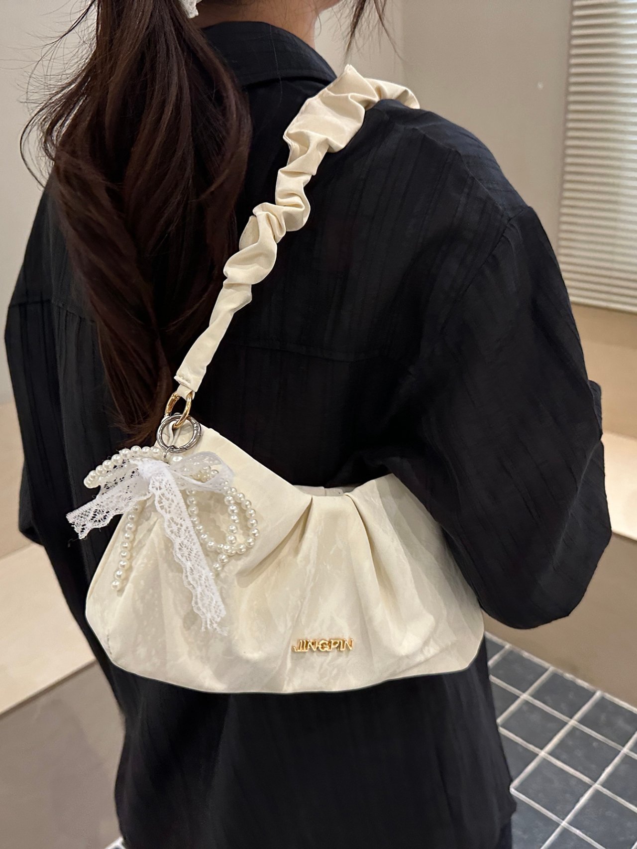 White Pleated Shoulder Bag with Pearl Charm