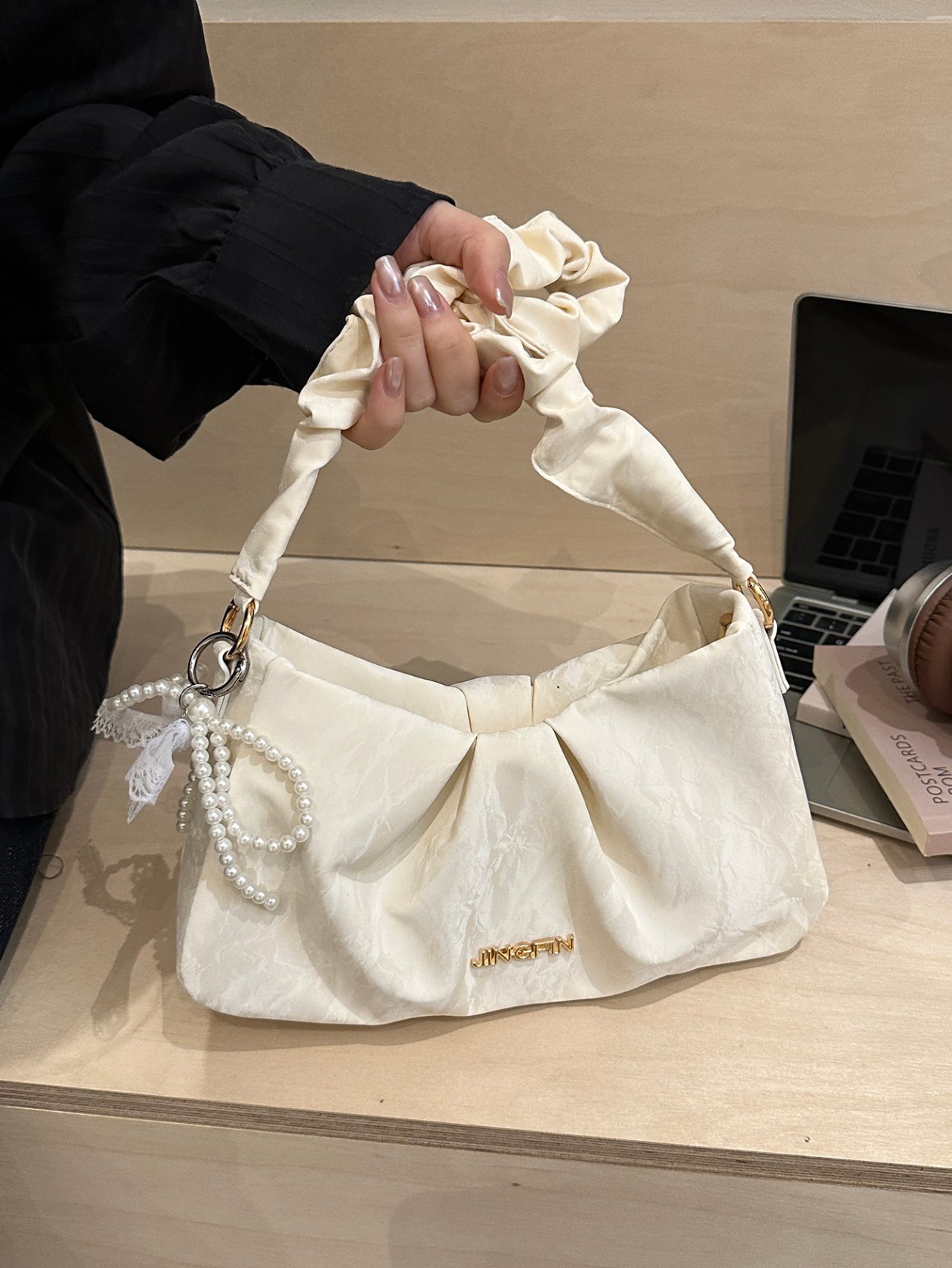 White Pleated Shoulder Bag with Pearl Charm