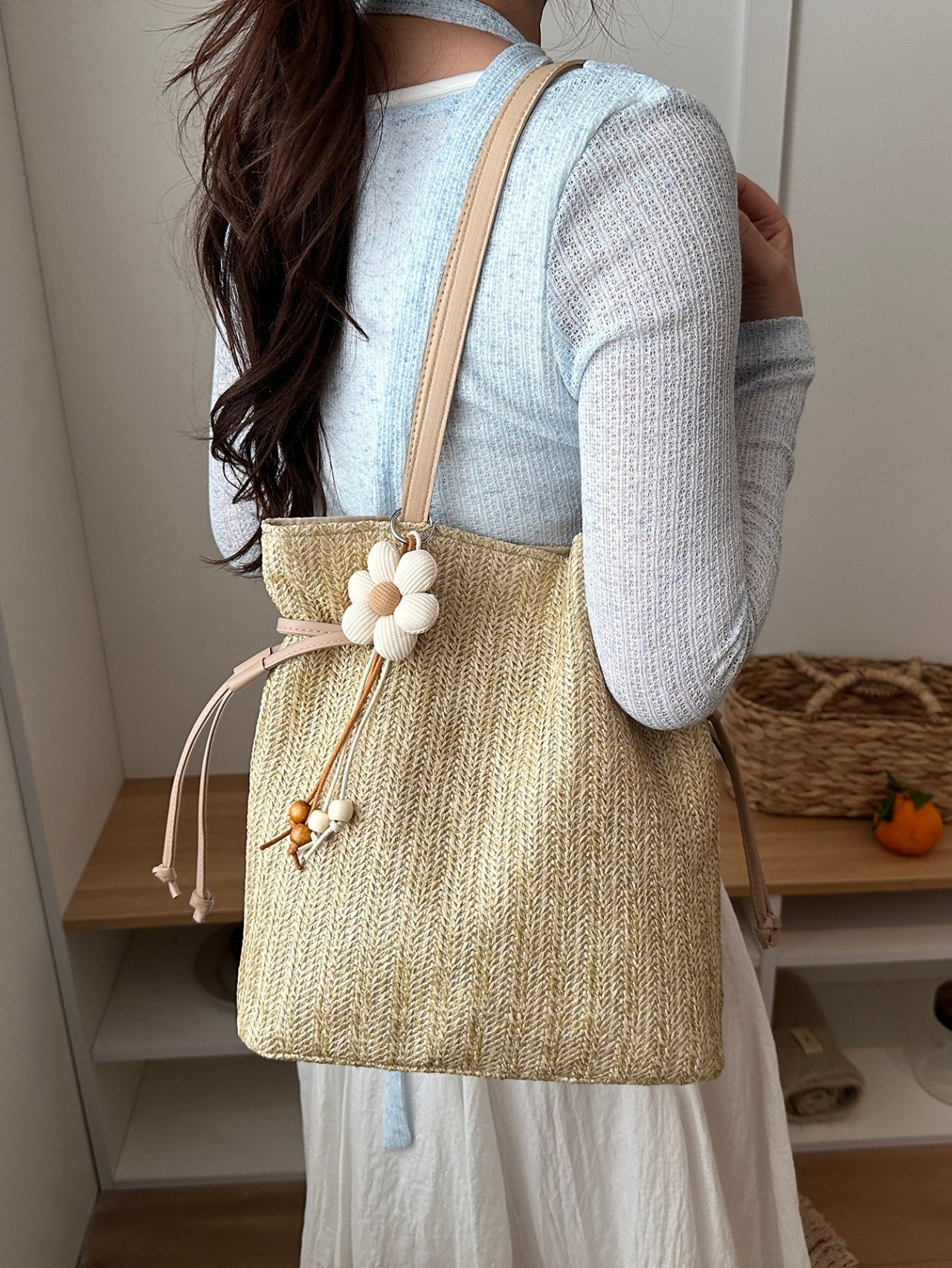 Beige Woven Tote Bag with Charm
