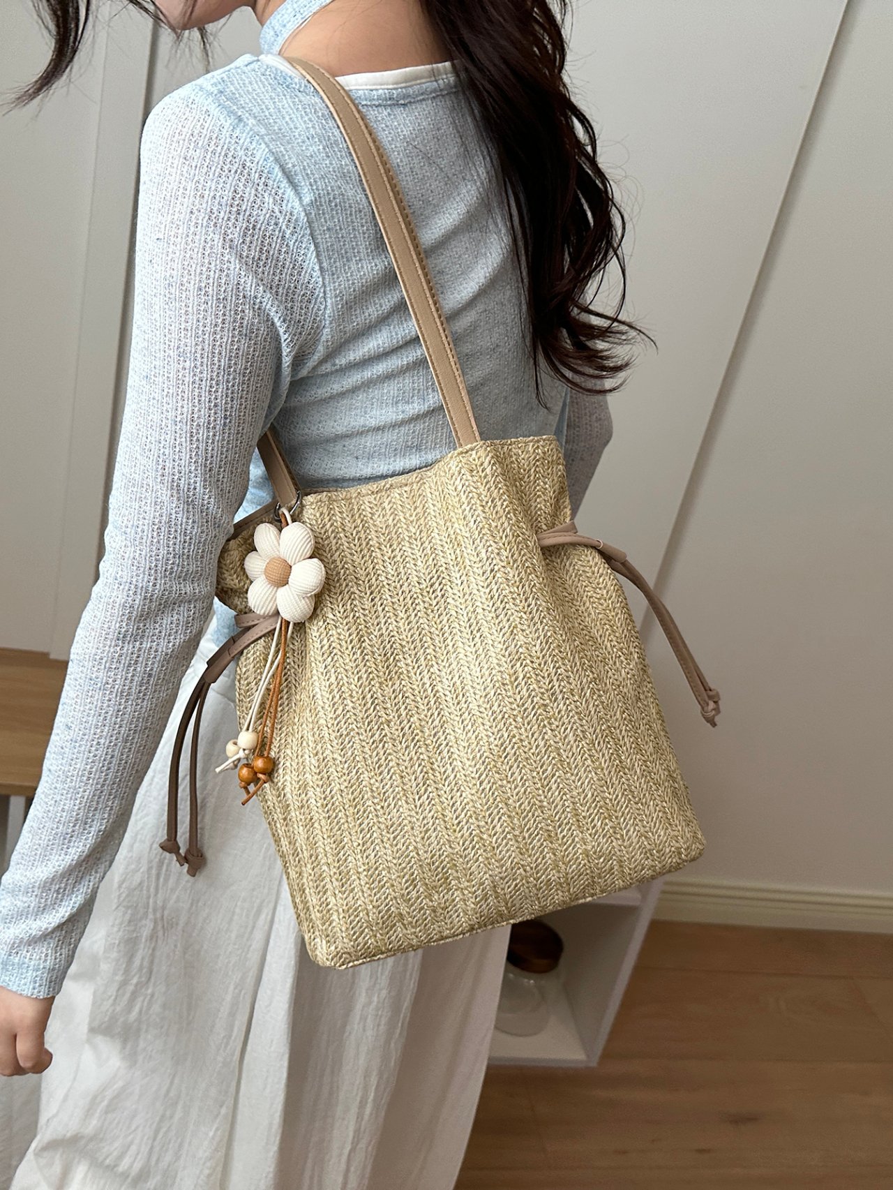 Beige Woven Tote Bag with Charm