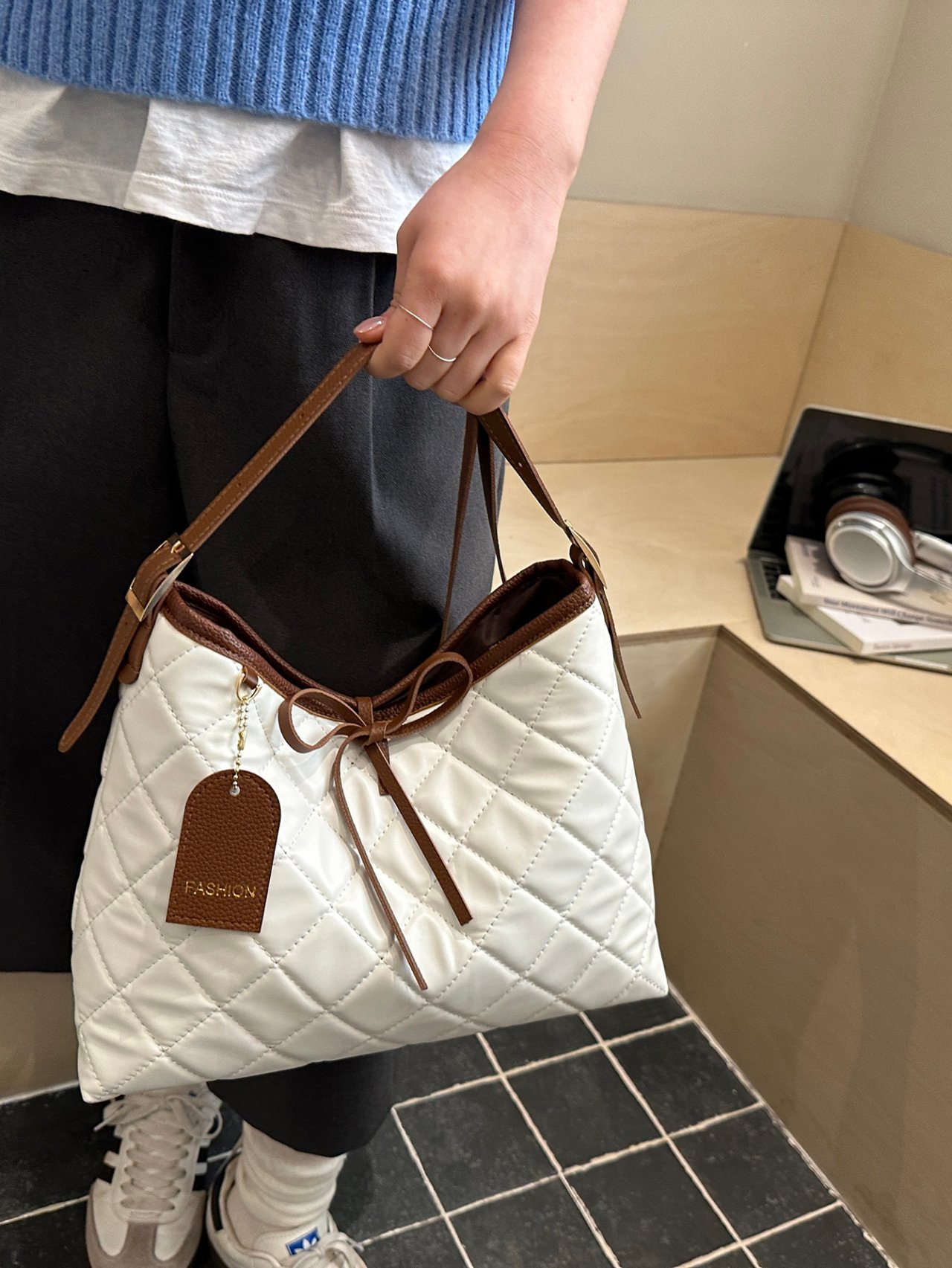 White Quilted Crossbody Bag with Brown Accents