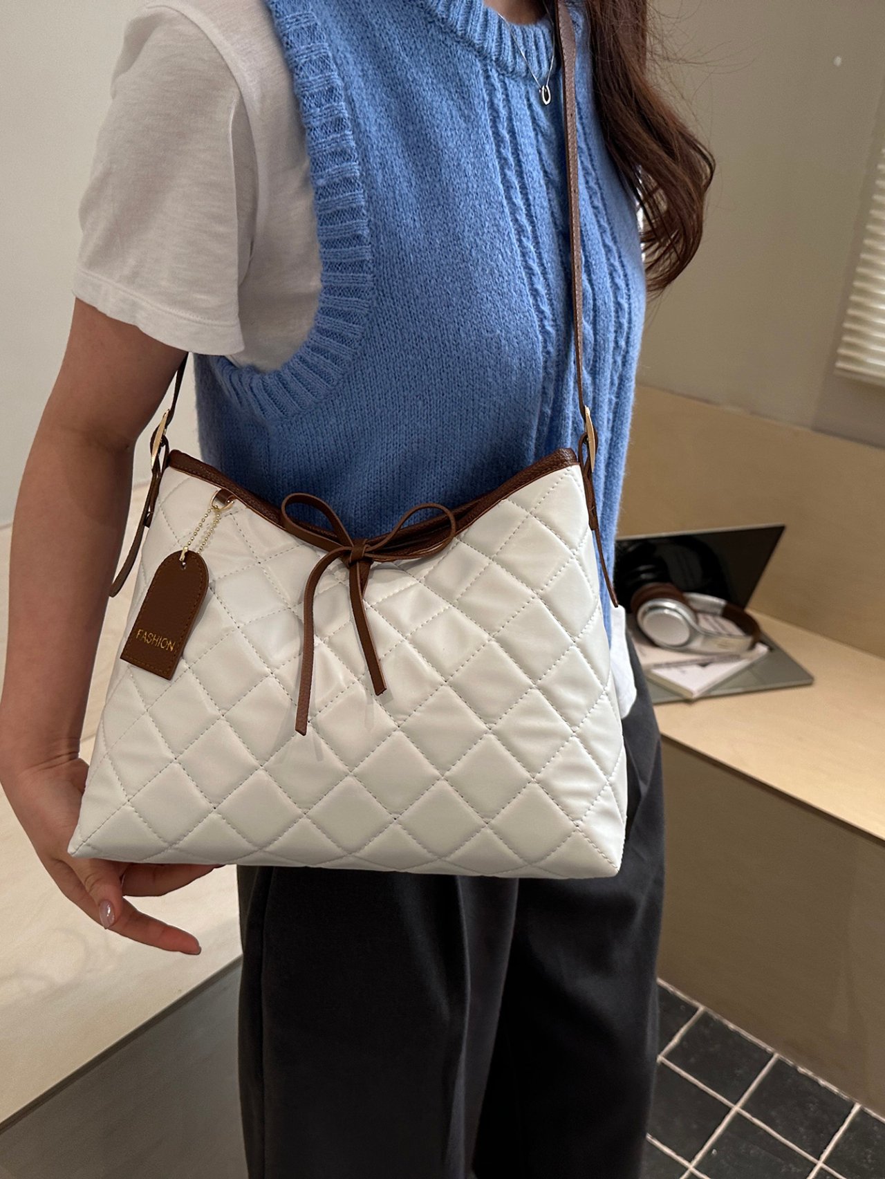 White Quilted Crossbody Bag with Brown Accents