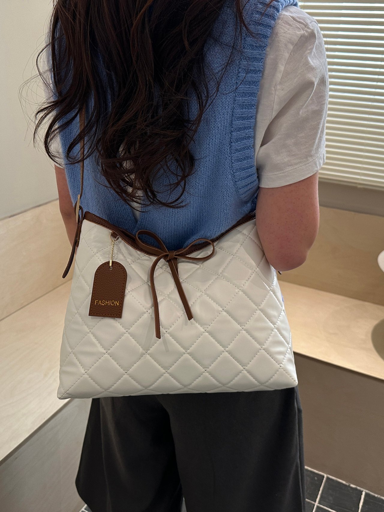 White Quilted Crossbody Bag with Brown Accents