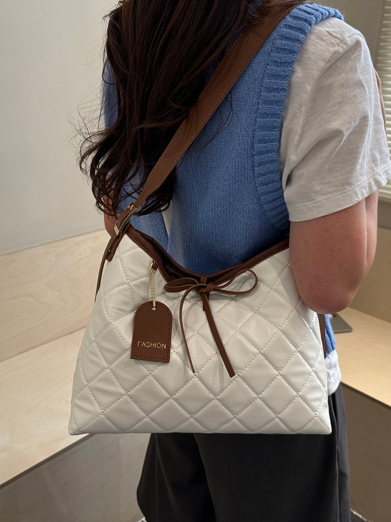 White Quilted Crossbody Bag with Brown Accents