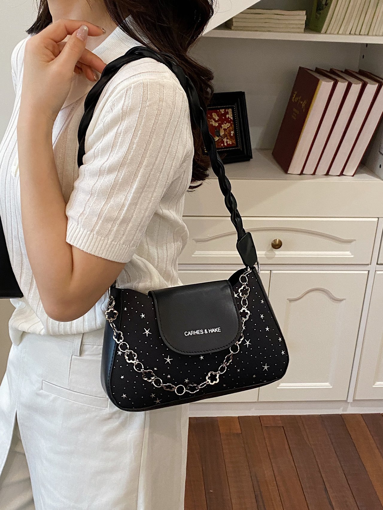 Black Star-Embellished Shoulder Bag with Chain Detail