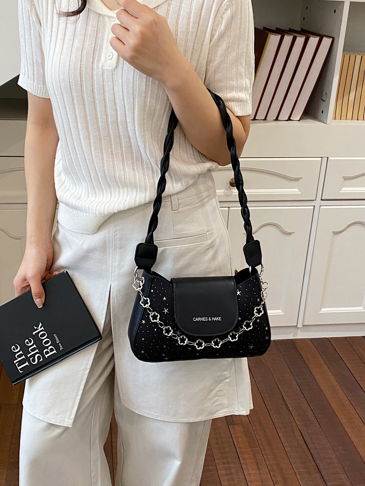 Black Star-Embellished Shoulder Bag with Chain Detail