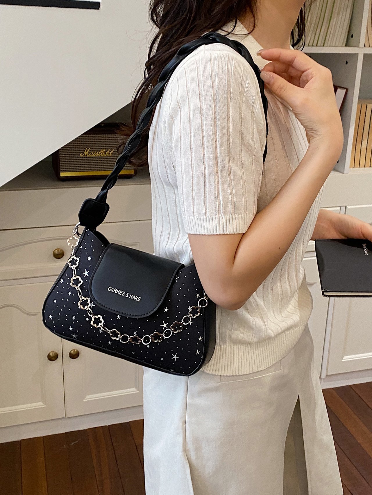 Black Star-Embellished Shoulder Bag with Chain Detail
