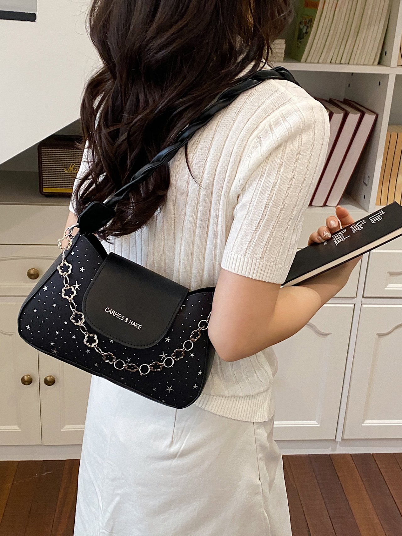Black Star-Embellished Shoulder Bag with Chain Detail