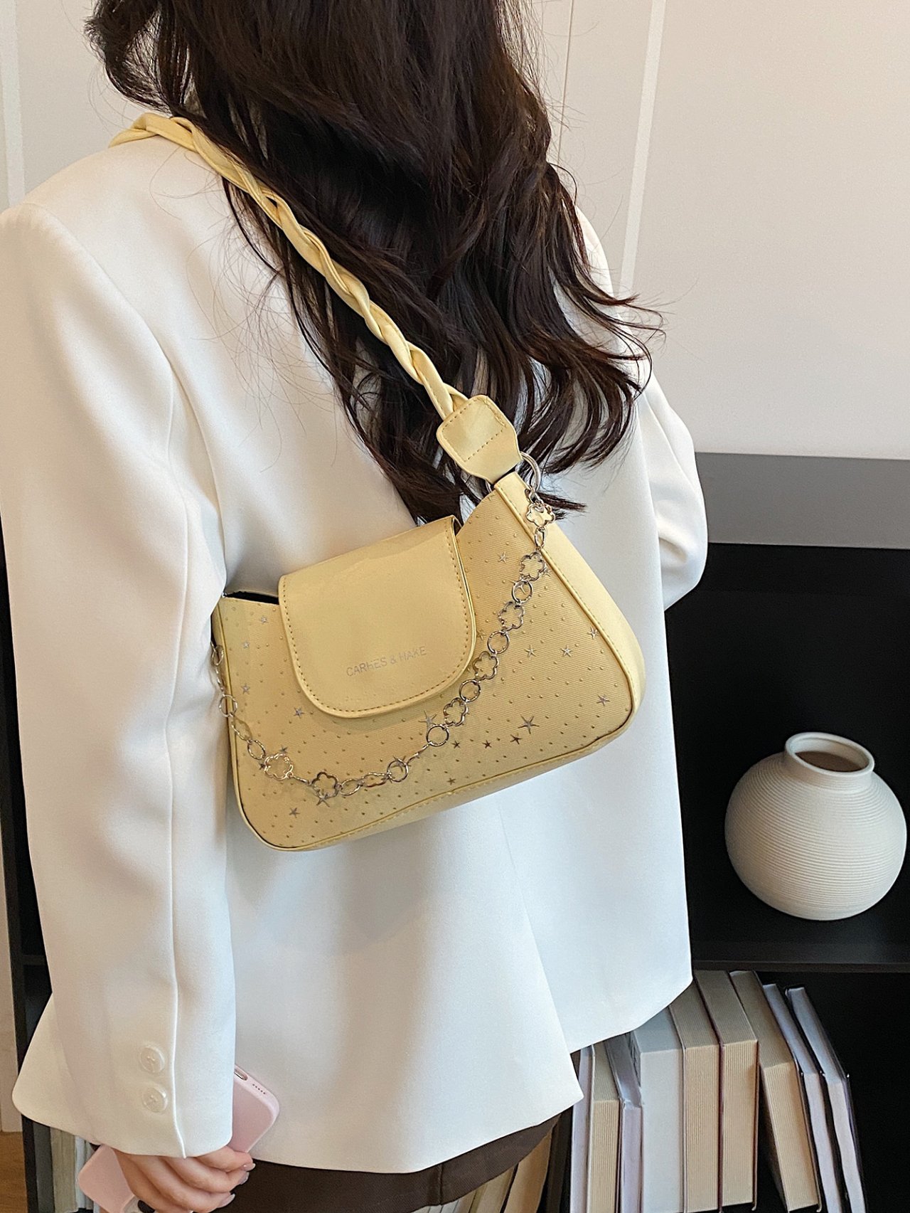 Yellow Shoulder Bag with Star Embellishments and Chain Detail