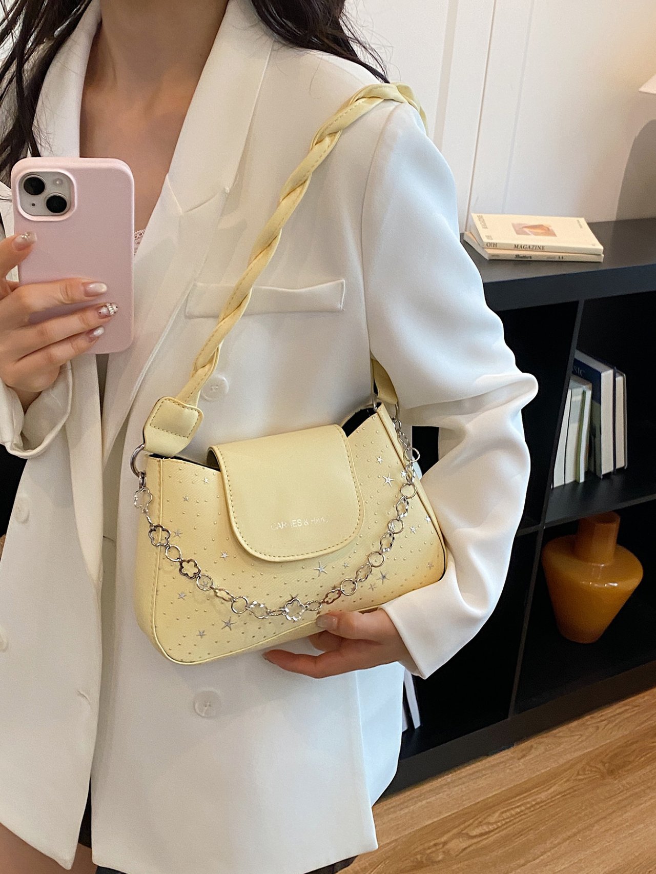 Yellow Shoulder Bag with Star Embellishments and Chain Detail