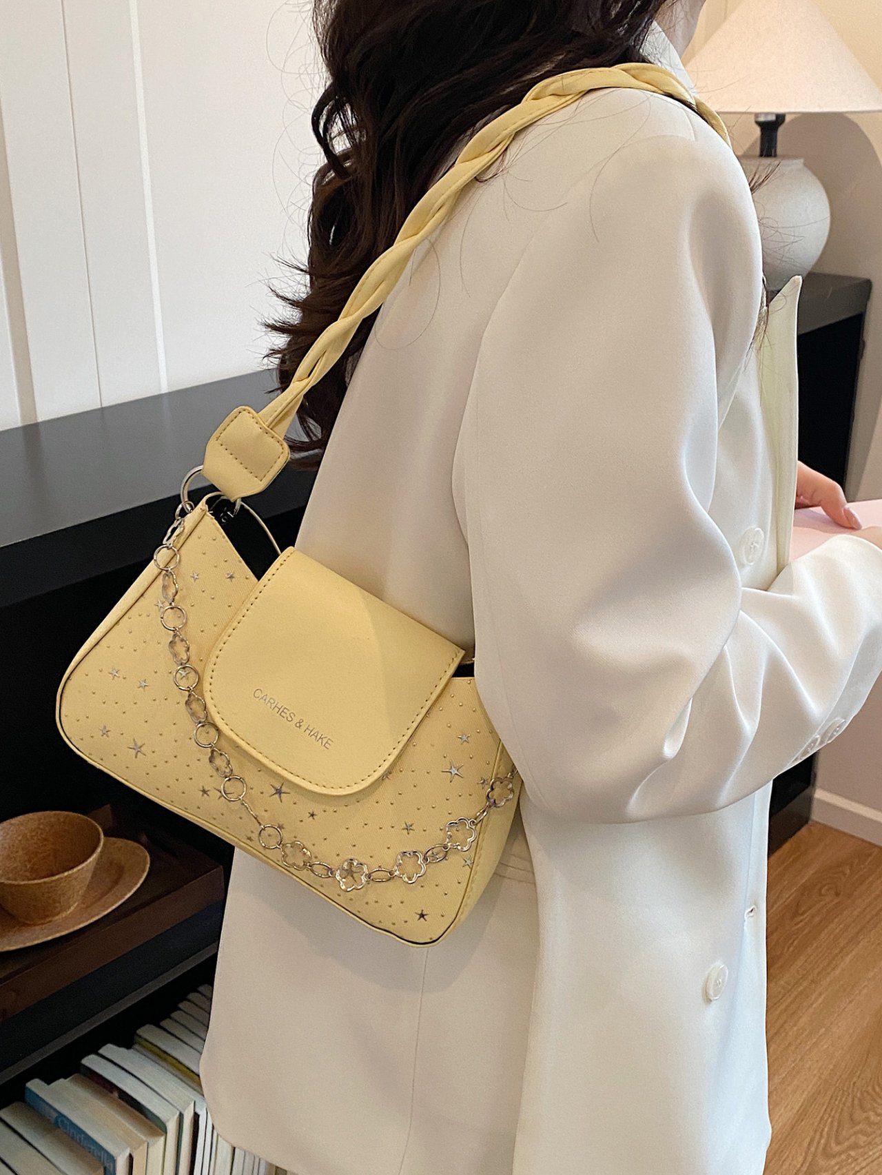 Yellow Shoulder Bag with Star Embellishments and Chain Detail
