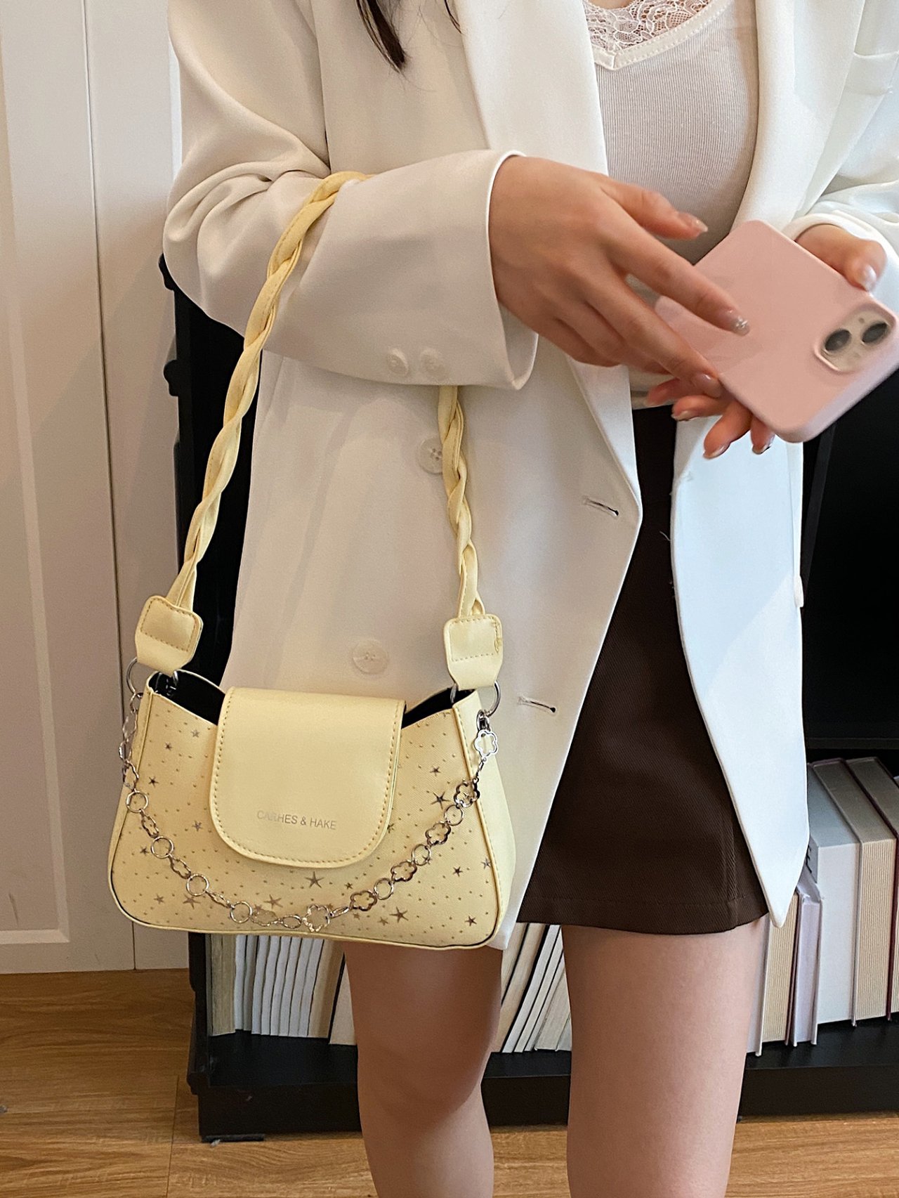 Yellow Shoulder Bag with Star Embellishments and Chain Detail