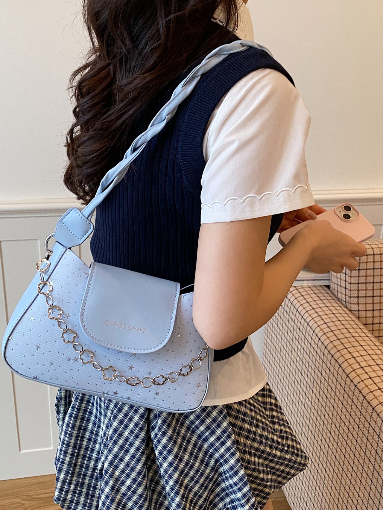Sky Blue Star-Embossed Shoulder Bag with Chain Detail