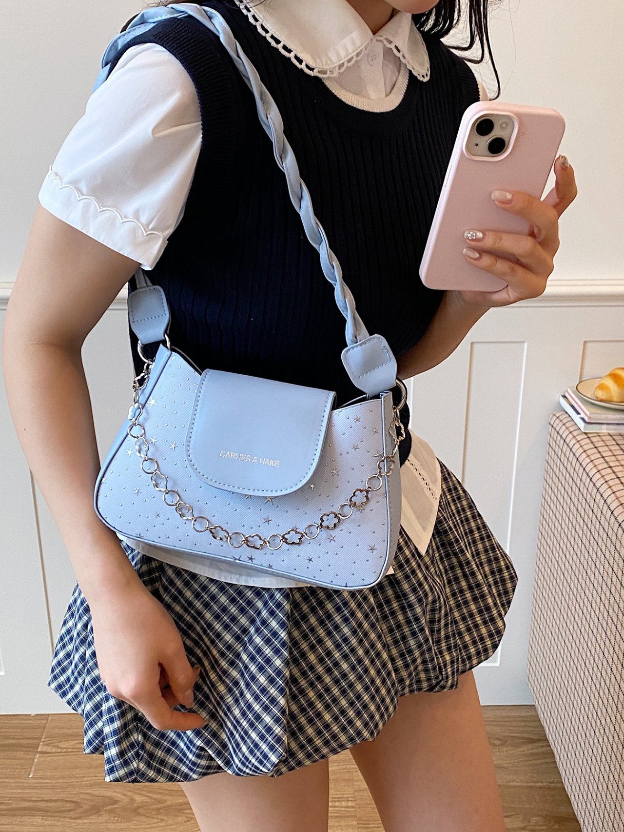 Sky Blue Star-Embossed Shoulder Bag with Chain Detail