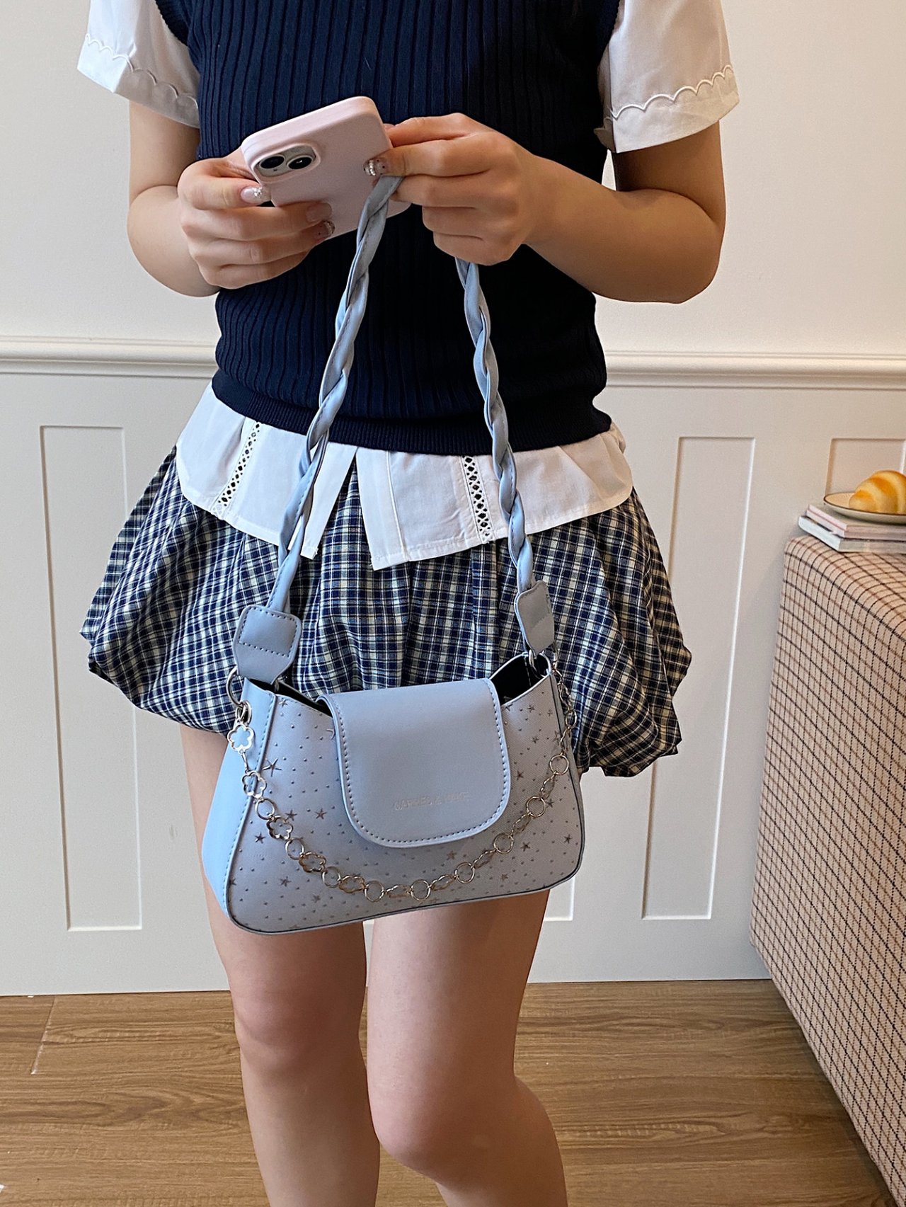 Sky Blue Star-Embossed Shoulder Bag with Chain Detail