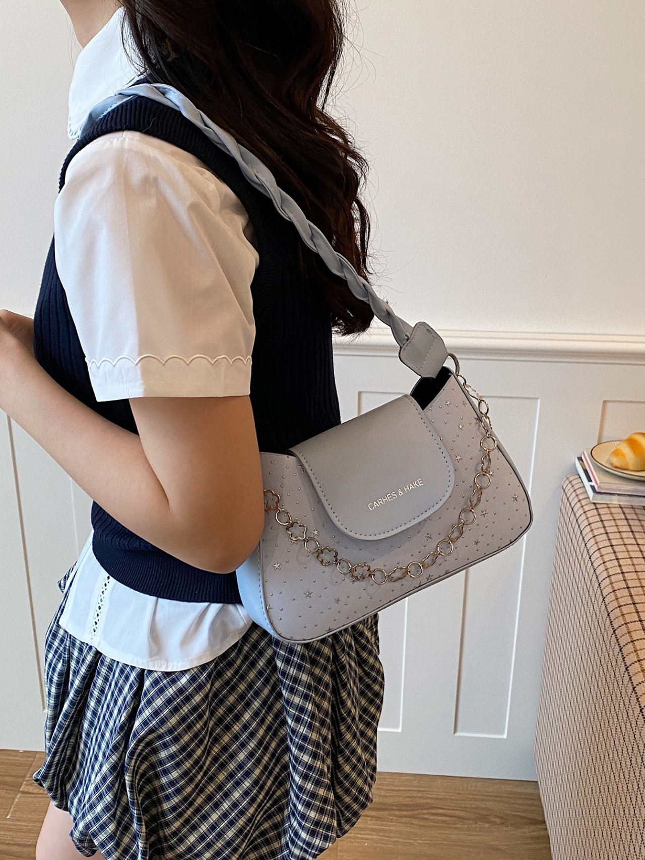 Sky Blue Star-Embossed Shoulder Bag with Chain Detail
