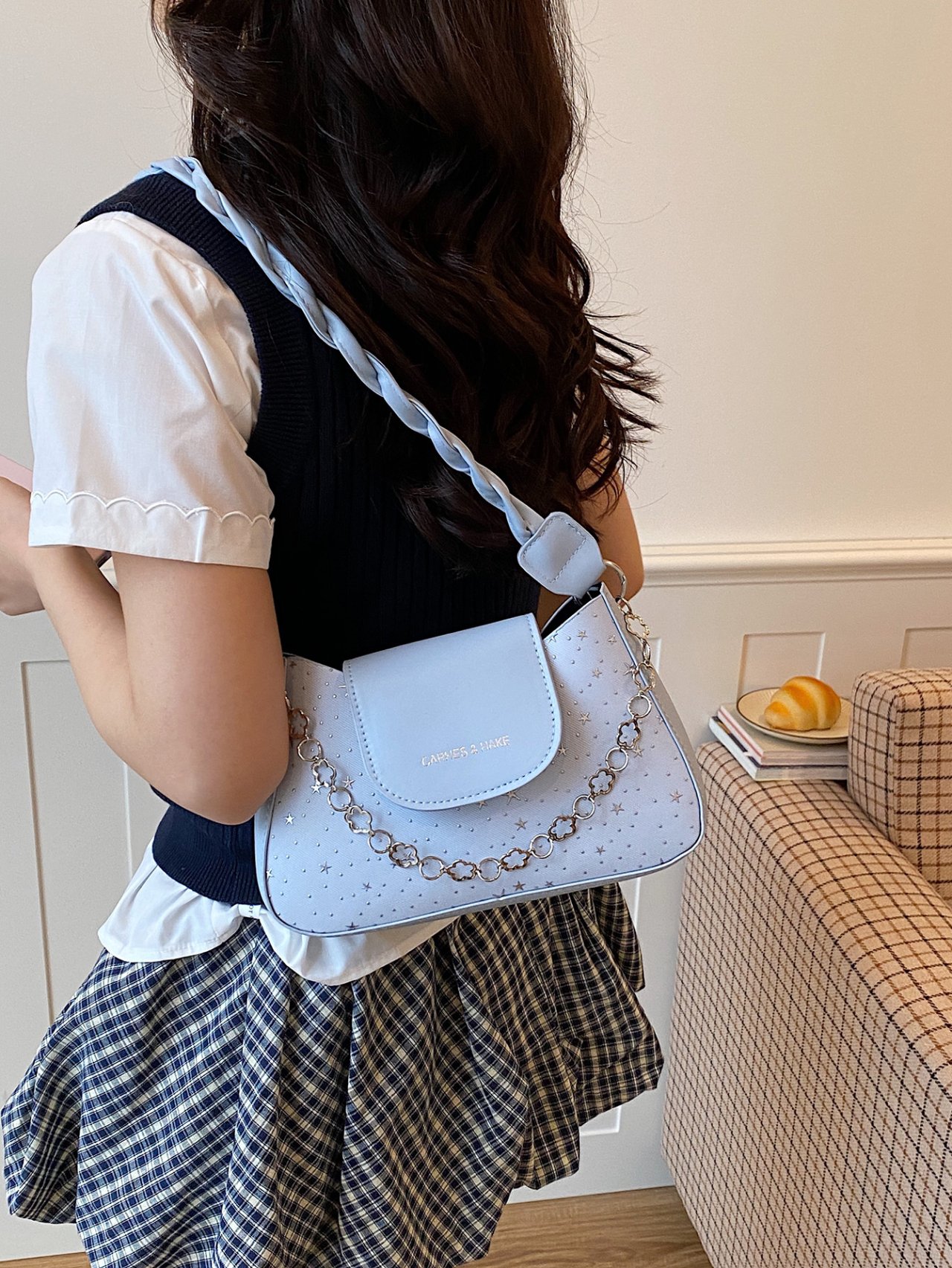 Sky Blue Star-Embossed Shoulder Bag with Chain Detail