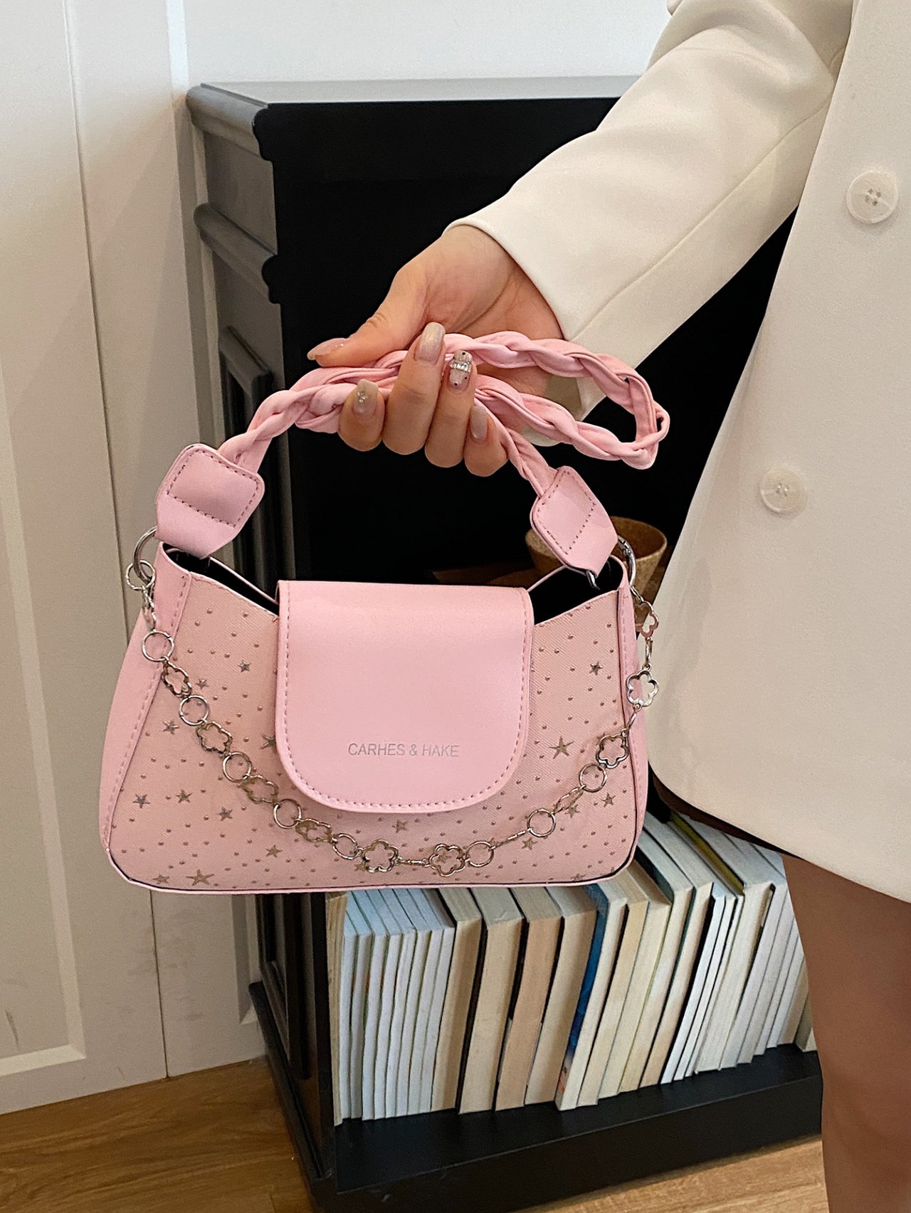 Pink Star-Patterned Shoulder Bag with Braided Handle